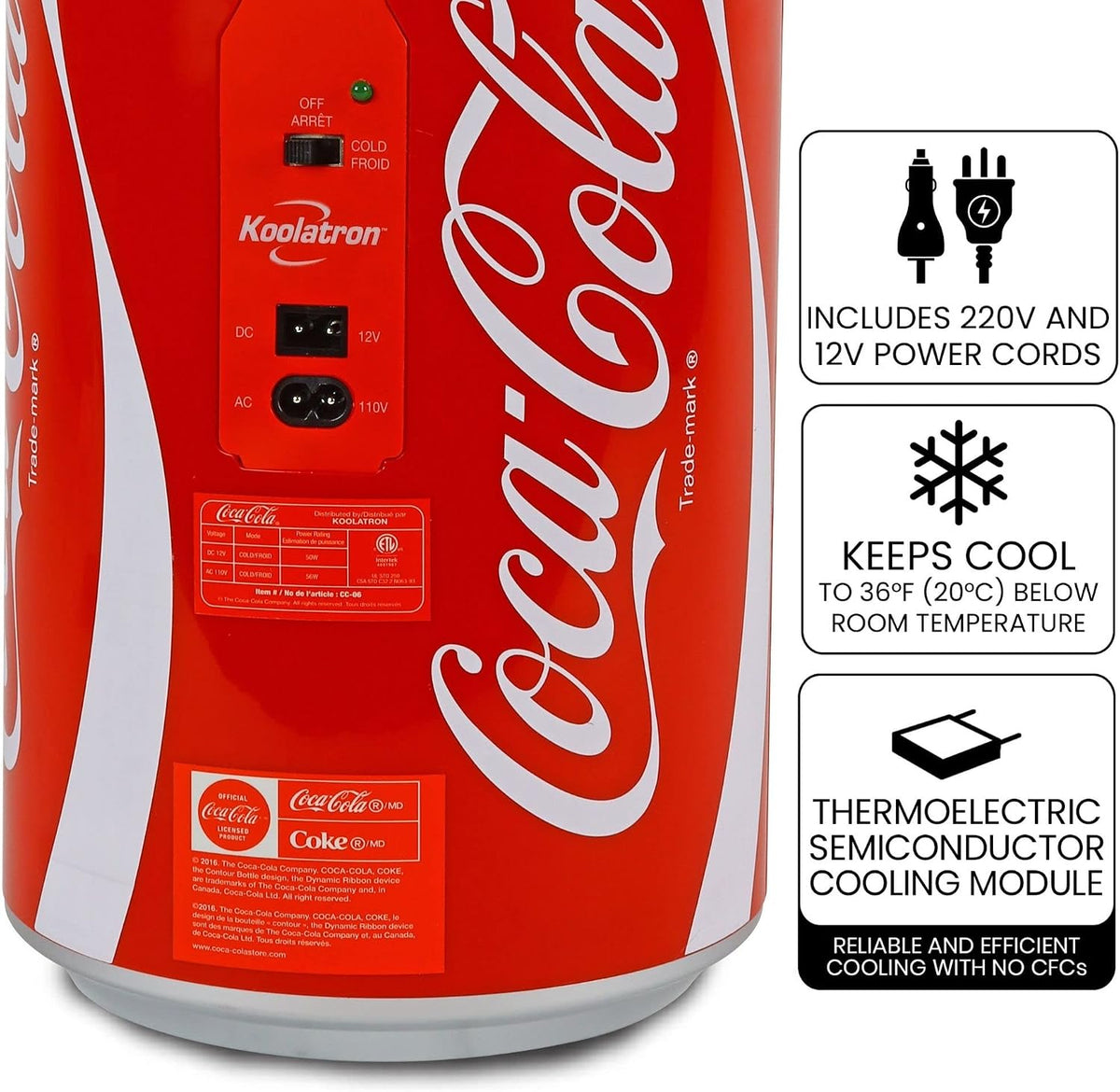 Coca Cola CC06-G 5.4L 8 Can Portable Coke Mini Fridge, Thermoelectric 12 V Cool Box, Car Refigerator for Snacks Lunch Drinks, AC Cords, Desk Accessory for Home Office Camping, Red