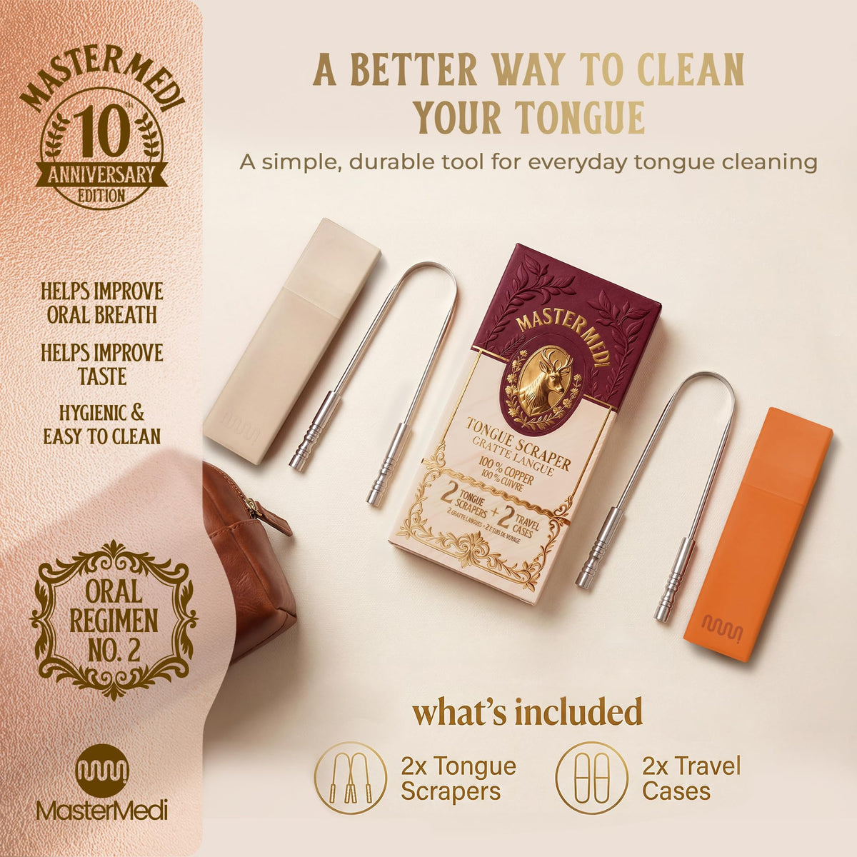 MasterMedi Tongue Scraper with Travel Case 1 Pack, Bad Breath Treatment Tongue Scraper for Adults & Kids, Stainless Steel Metal Tongue Scraper, Easy to Use Tongue Cleaner for Hygiene and Self Care