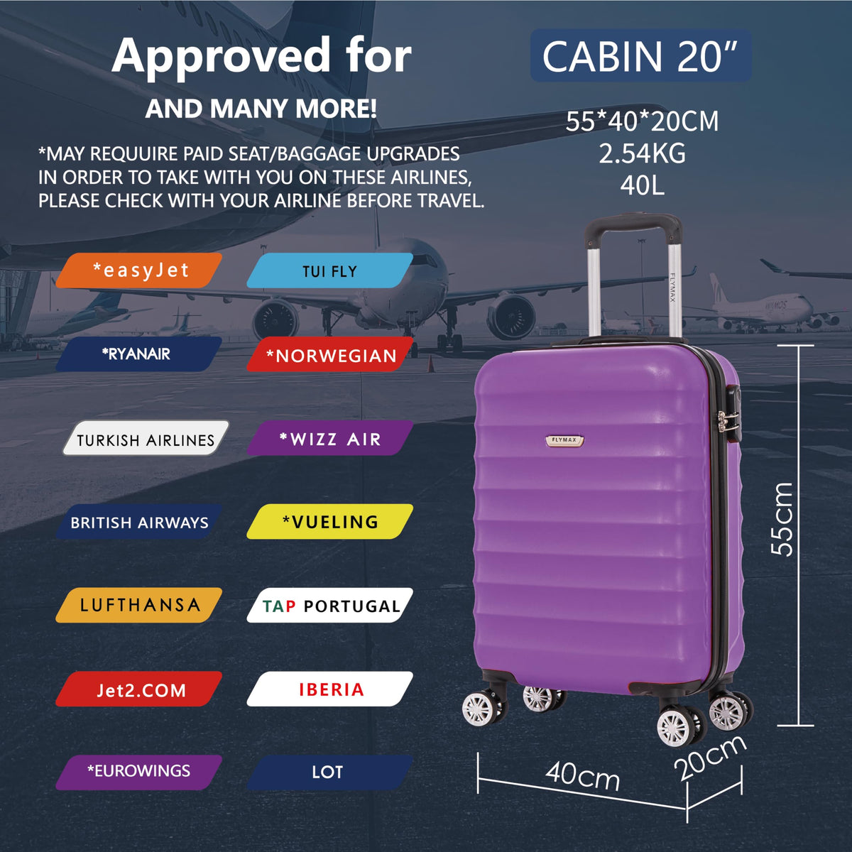 FLYMAX 55x40x20 Ryanair Cabin Bag Hand Luggage Lightweight Suitcase Approved Carry on Luggage Case 2.5KG 40L Royal