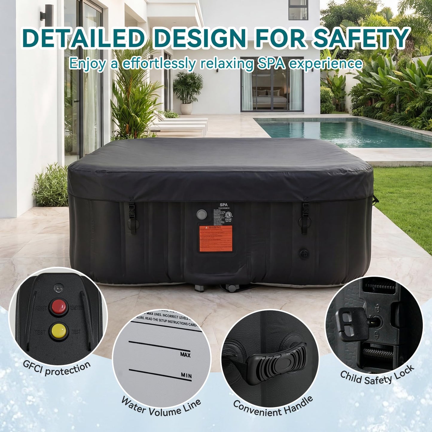 Inflatable Hot Tub 185X185CM, 60% More Energy Efficient, Portable Lazy Spa with 1800W Heater & 130 Air Jets Massage System, Fits Small Bathroom & Garden, Includes Insulated Cover & Filter