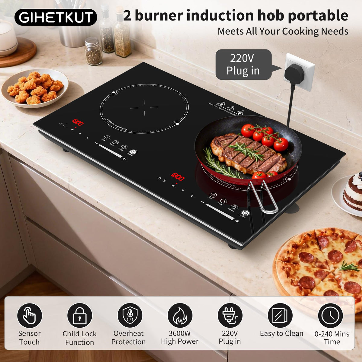 GIHETKUT single electric hob,220V 2000W Electric Hob with LED Touch Control,10 Power Levels, 4H Timer, Safety Lock,portable single burner hob Overheat protection