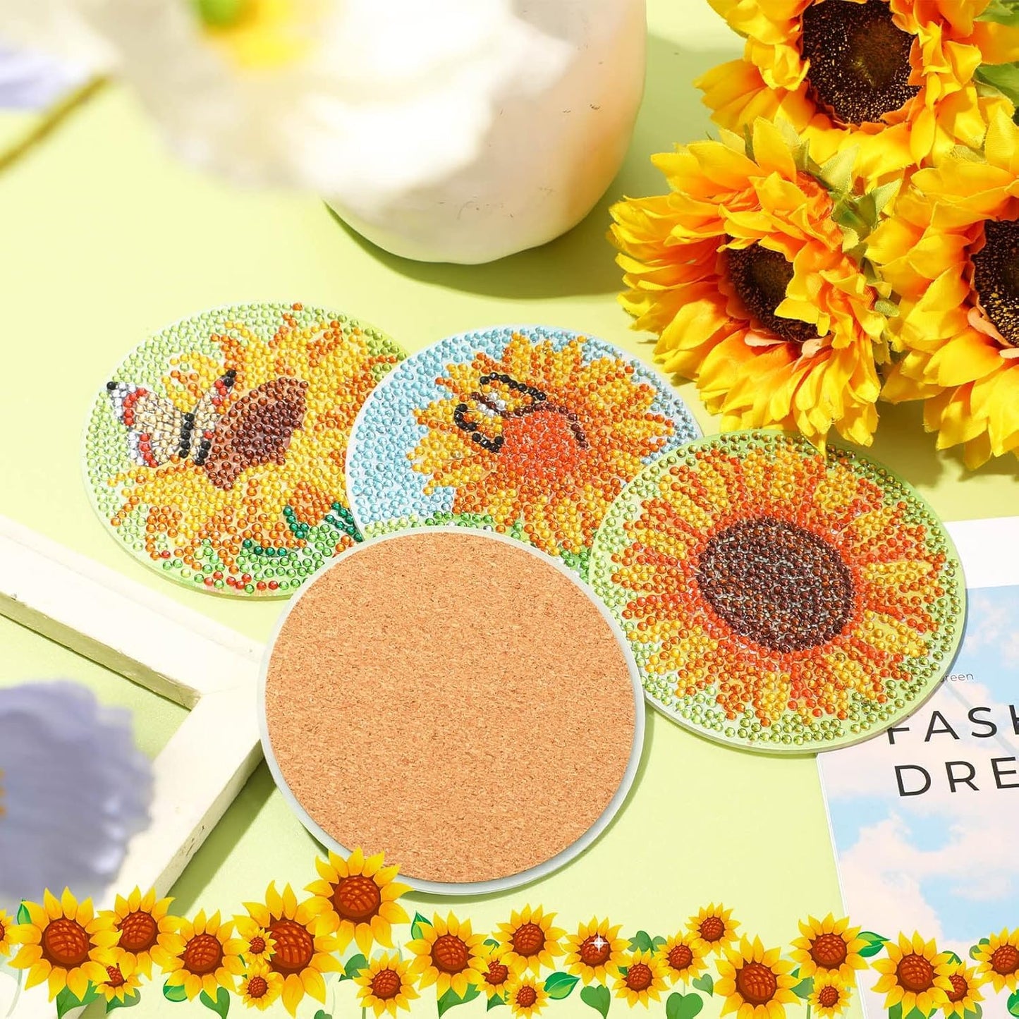 8 Pcs Flowers Diamond Art Coasters Kits for Adults Begainners,Full Drill Diamond Painting Coasters Kit with Holder,DIY Gem Painting Craft Kits for Adults Supplies Gift (Flowers).