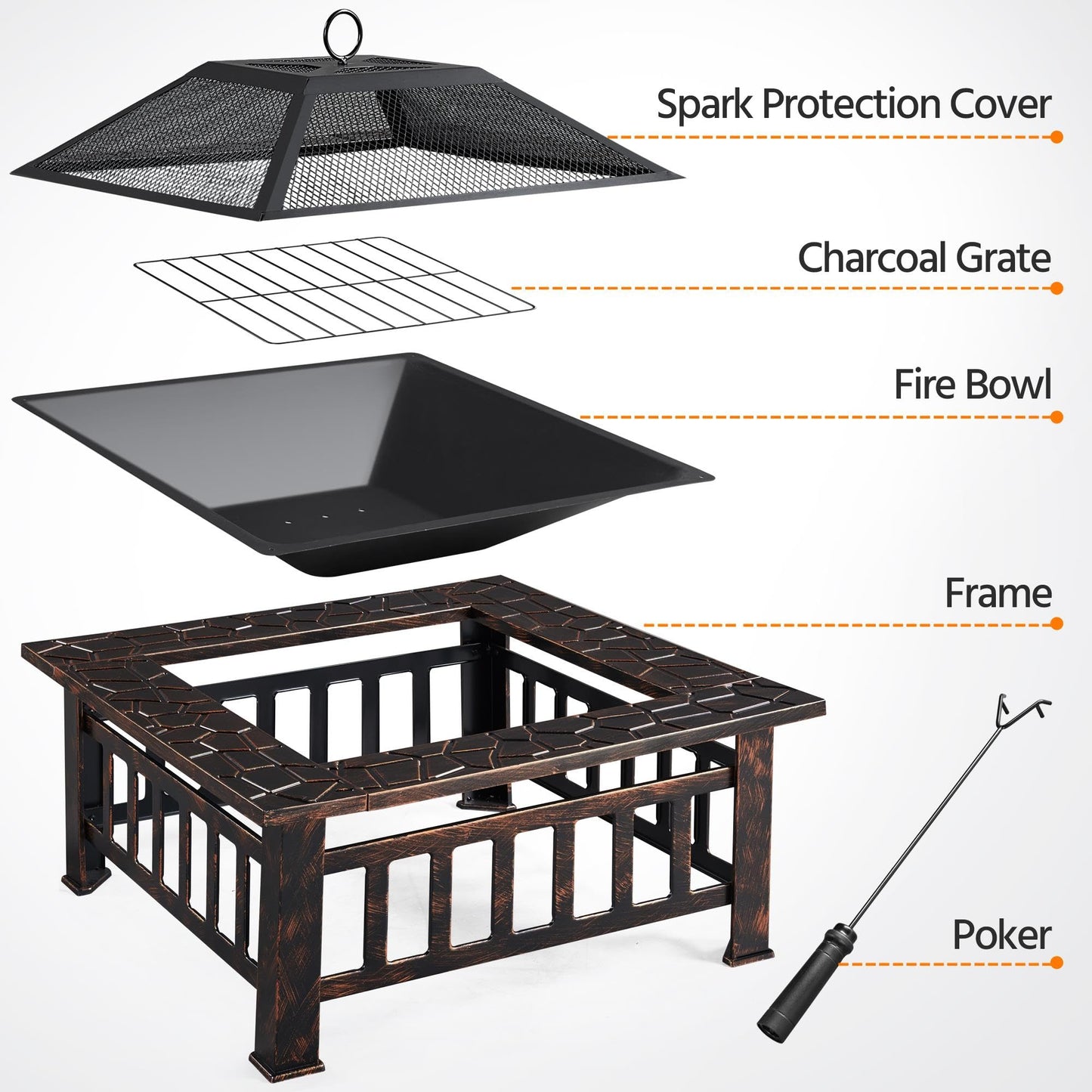 Yaheetech Outdoor Fire Pit 81cm Square Fire pits 3-in-1 Heat-resistant Metal Garden Stove for Barbecue, Heating, Cooling Drinks with Cover & Poker, Black