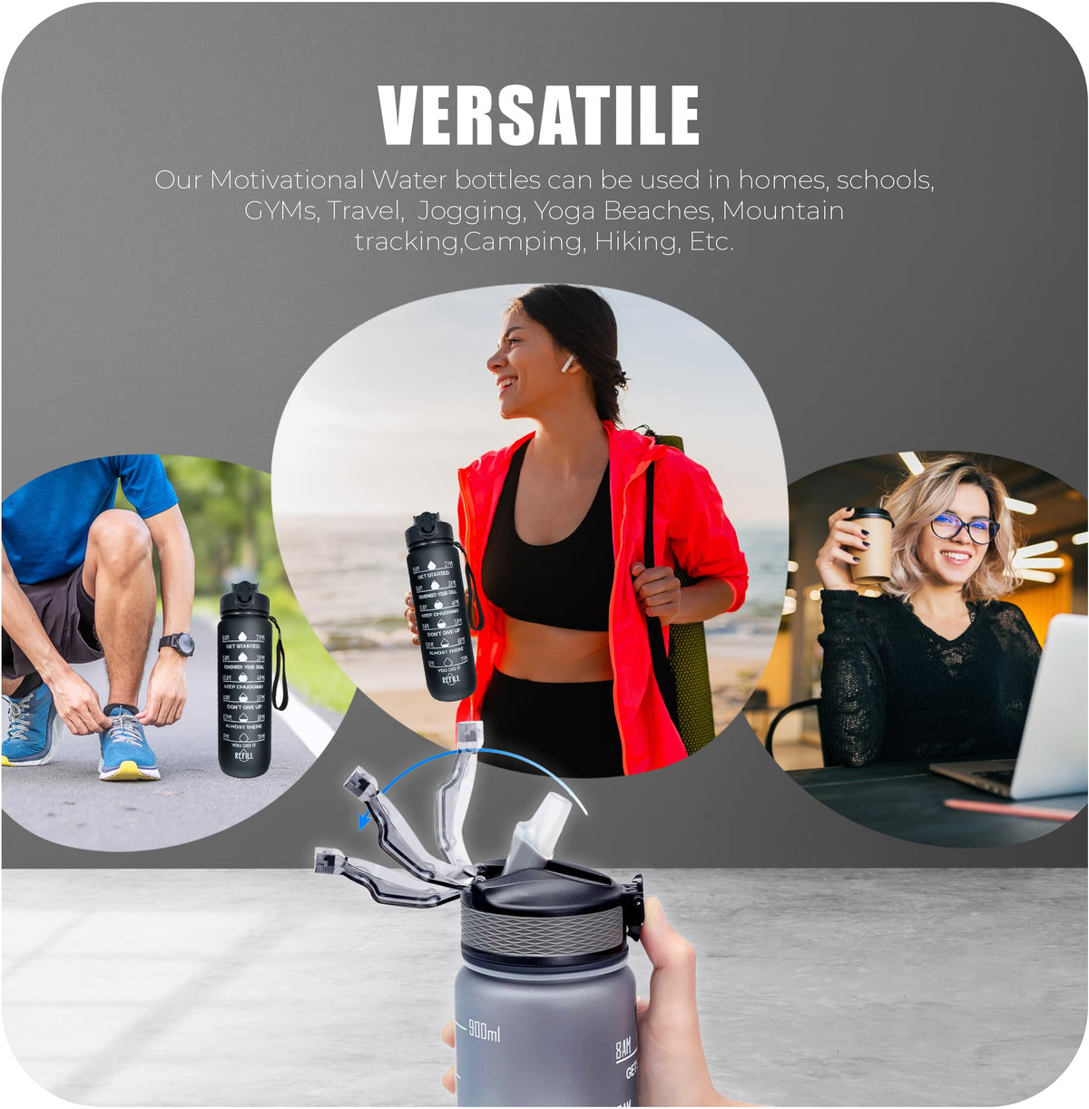 Roe Tenpo Sports Water Bottle with Straw and Time Marking, and 32OZ Capacity - Motivational and Eco-Friendly BPA-Free Bottle for Running, Gym, Yoga, Outdoors, and Camping (Style-1, Black)
