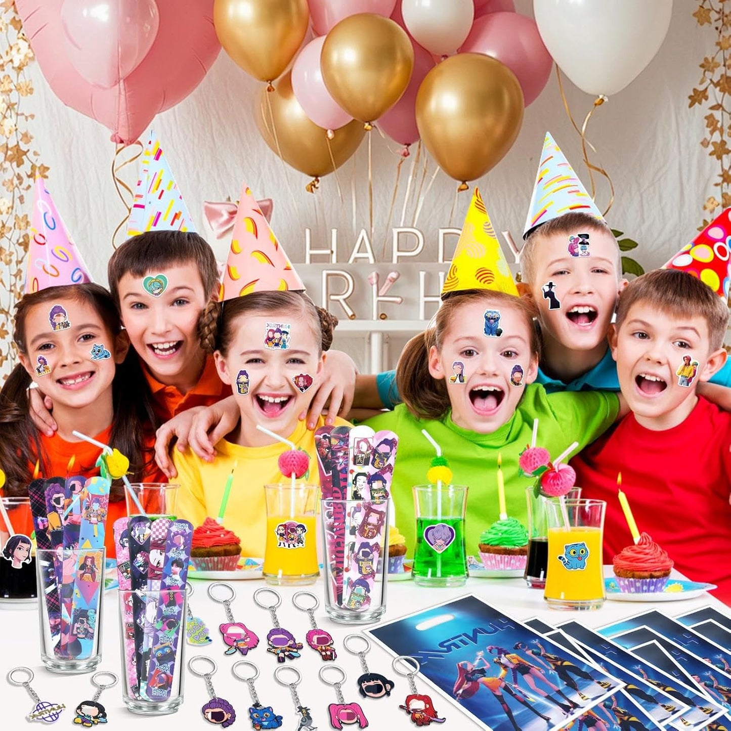 103PCS Kpop Party Bag Fillers, Demon Party Bags Favours Set with Keychains Slap Band Stickers Gift Bags, Birthday Party Supplies Decorations for Boys Girls Fans