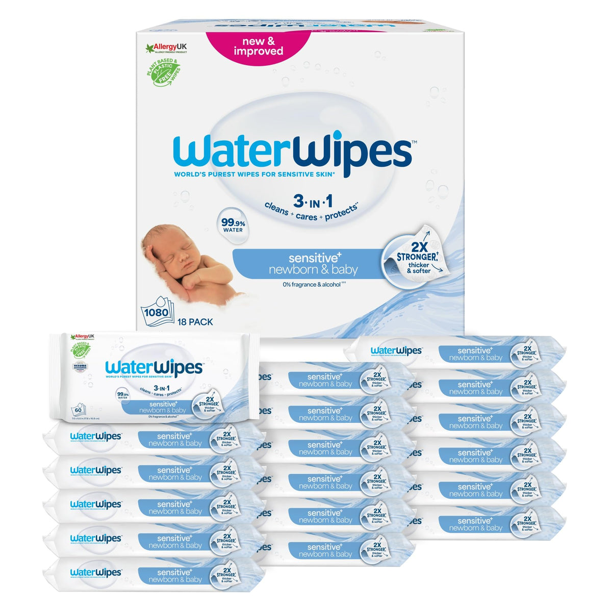 WaterWipes Sensitive+ Newborn & Baby Wipes, 99.9% Water, Unscented, 12 Pack