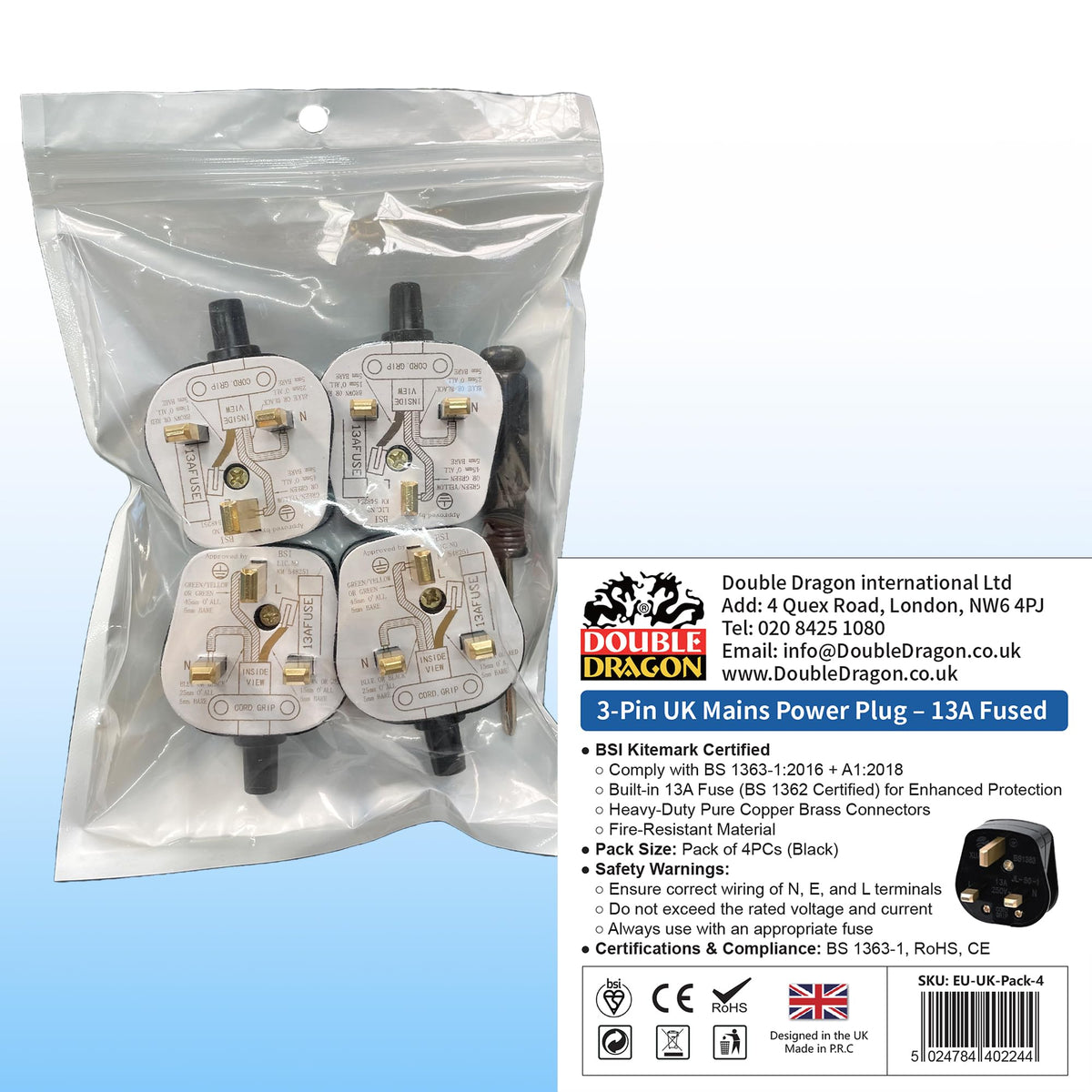 Double Dragon 13 Amp UK 3-Pin Plug | Heavy-Duty Rewireable Electrical Plug | Durable & Safe PC Flame Retardant Material | BS1363 & BSI Certified | Cord Grip for Secure Wiring (Pack of 2, Black)