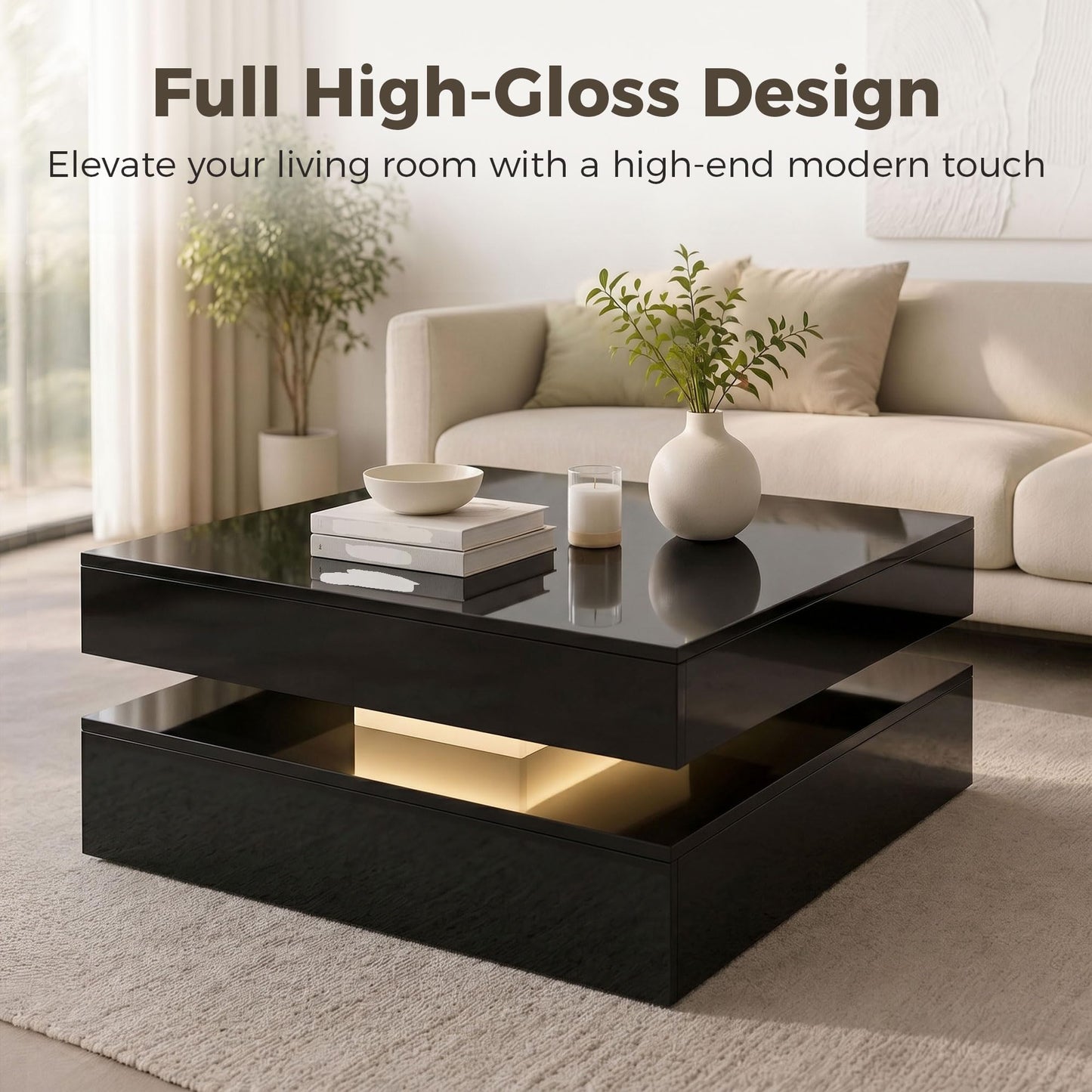 HOMCOM LED Coffee Table with Storage, 2-Tier Modern Centre Table with Open Shelf and Remote for Living Room, High Gloss White