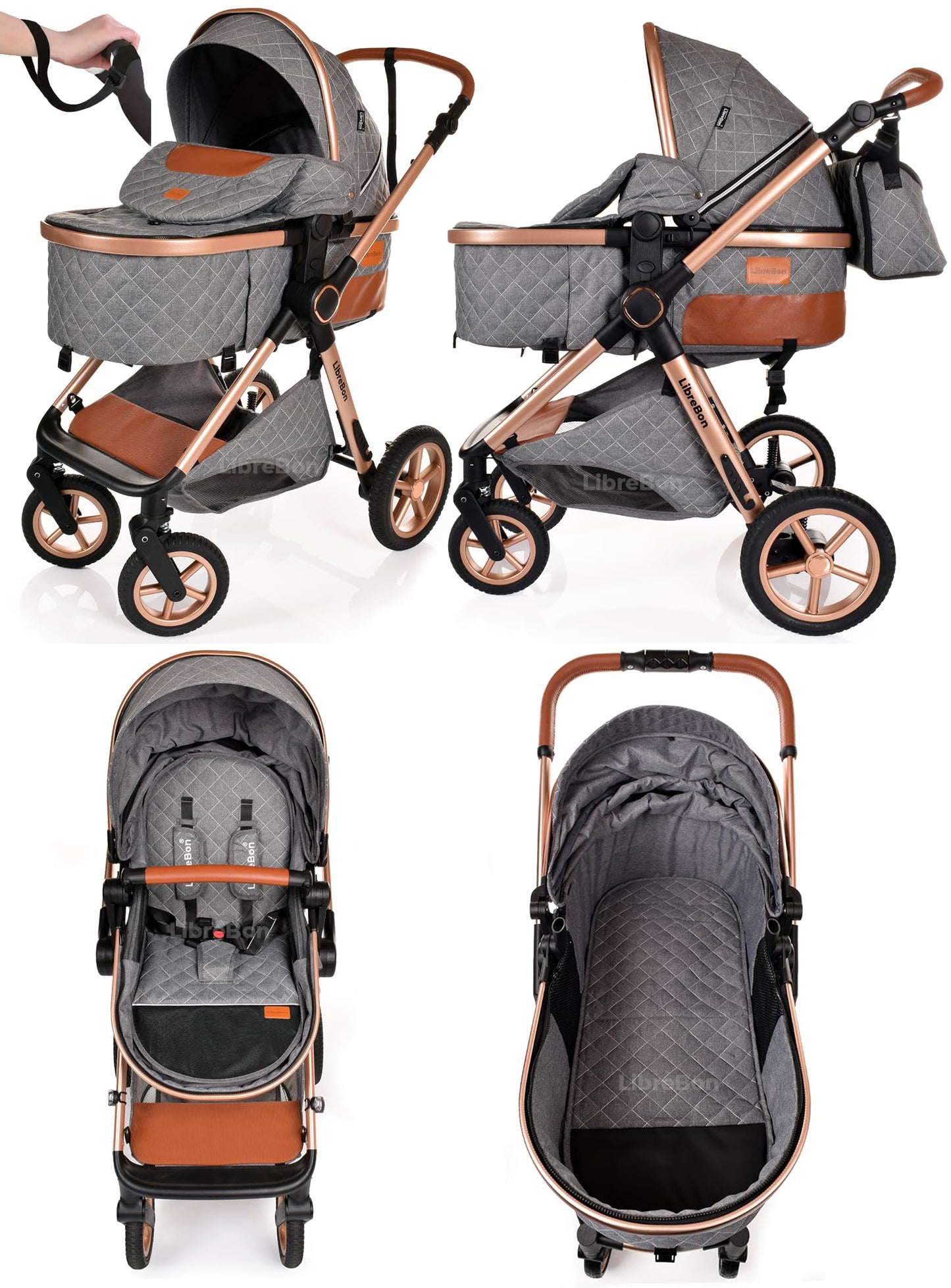 Baby Buggy Pram Pushchair Stroller 3 in 1 Child Lightweight Folding Stroller 3 in 1 Travel System Pram for Newborns & Toddlers from Birth Aluminum (Beige - Rose Gold Frame)