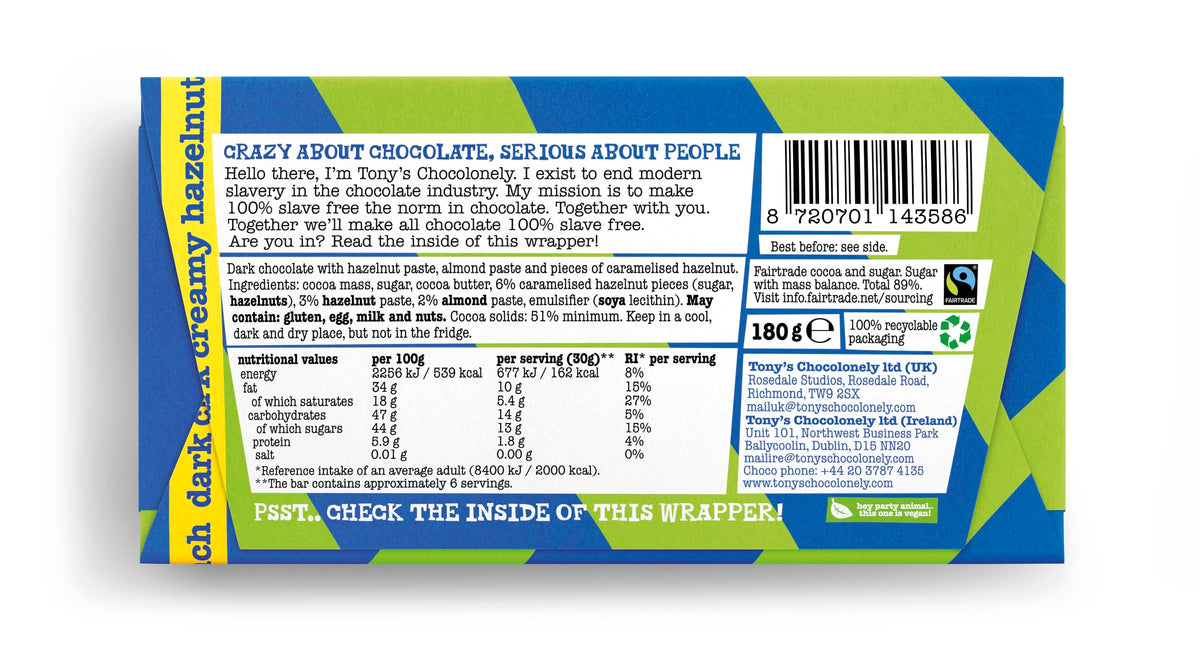 Tony's Chocolonely Milk Chocolate Bar - 180g Belgian Fairtrade Chocolate, Gift, 32% Cocoa, Vegetarian