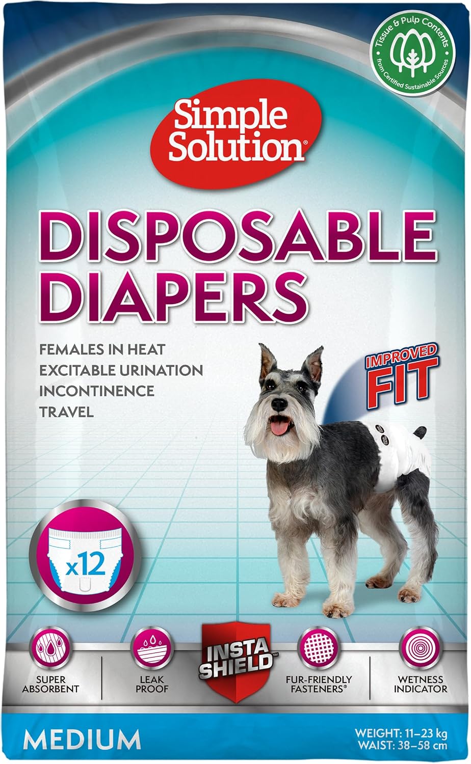 Simple Solution Disposable Dog Diapers for Female Dogs, Super Absorbent Leak-Proof Fit with Wetness Indicator for Excitable Urination, Incontinence or Females in Heat - 12 Pack