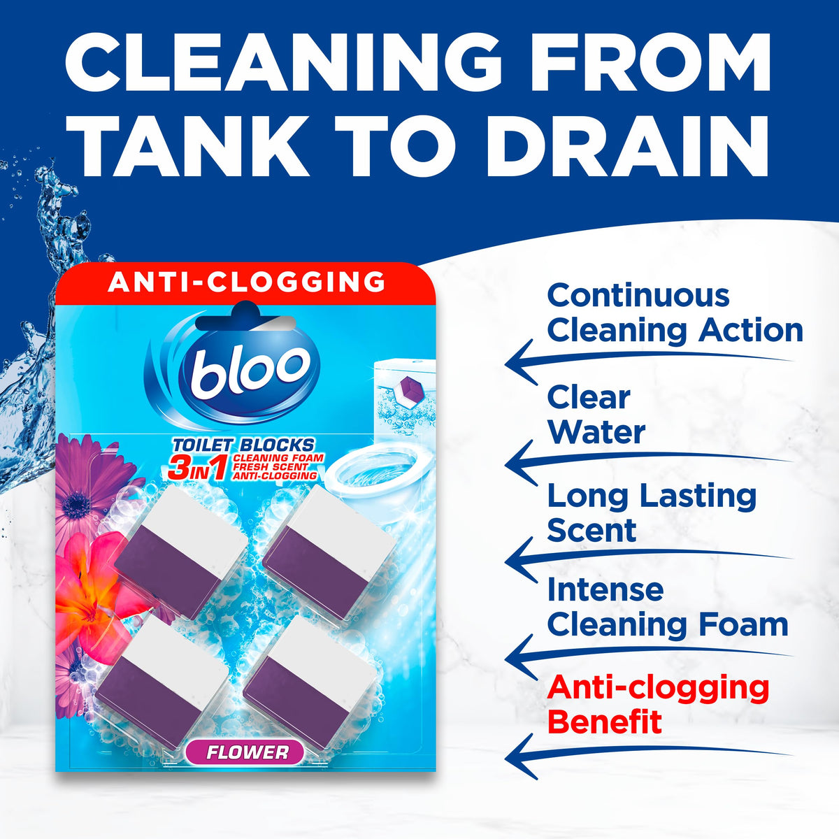 Bloo New 3in1 Toilet Blocks, Pack of 2, Toilet Limescale Remover Cistern Block, Toilet Cleaner Block with Cleaning and Foaming Action, Toilet Fresheners - Limescale Prevention
