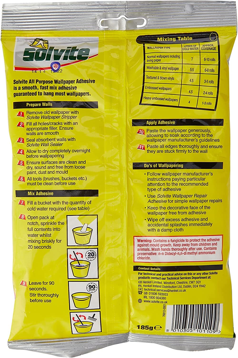 Solvite All-Purpose Wallpaper Adhesive, Reliable Adhesive for Wallpaper, All-Purpose Adhesive with Long-Lasting Results, Wallpaper Paste Hangs up to 10 Rolls (1x185g Sachet)