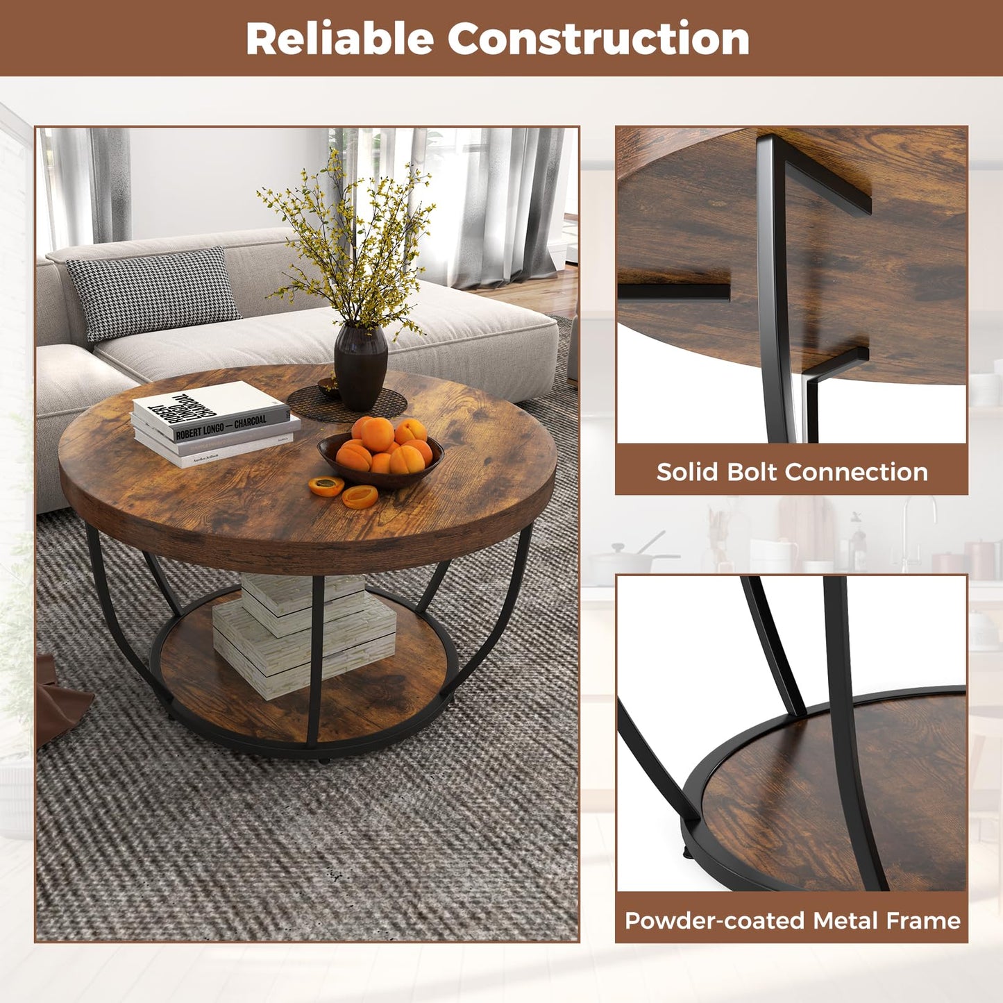 COSTWAY 2-Tier Round Coffee Table with Storage Shelf, Metal Frame Industrial Accent Cocktail Center Unit Sofa Side Tea Table for Living Room, Bedroom and Office, 80x80x45cm (Rustic Brown+Black)