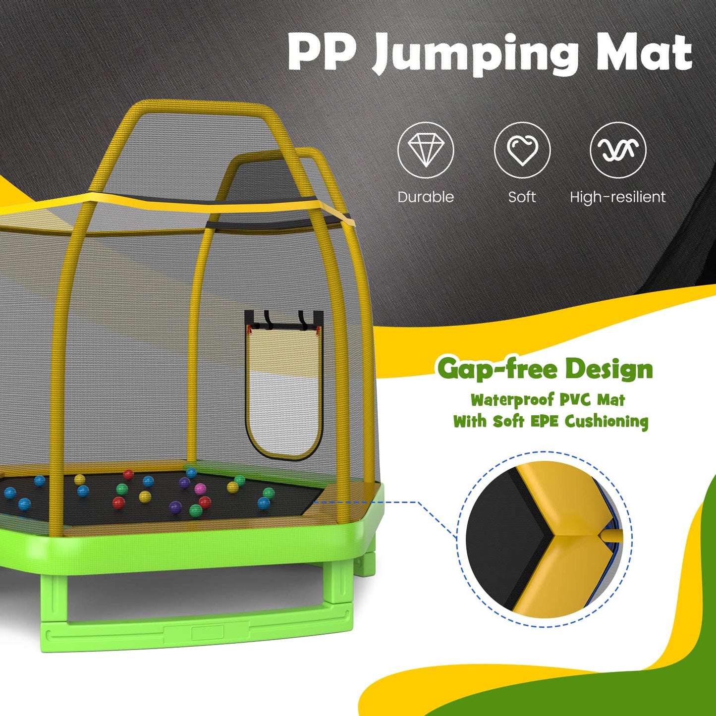 COSTWAY 7ft Kids Trampoline, Hexagonal Trampolines with Slide, Ladder, Safety Enclosure Net and Ocean Balls, Toddler Jumping House for Indoor Outdoor