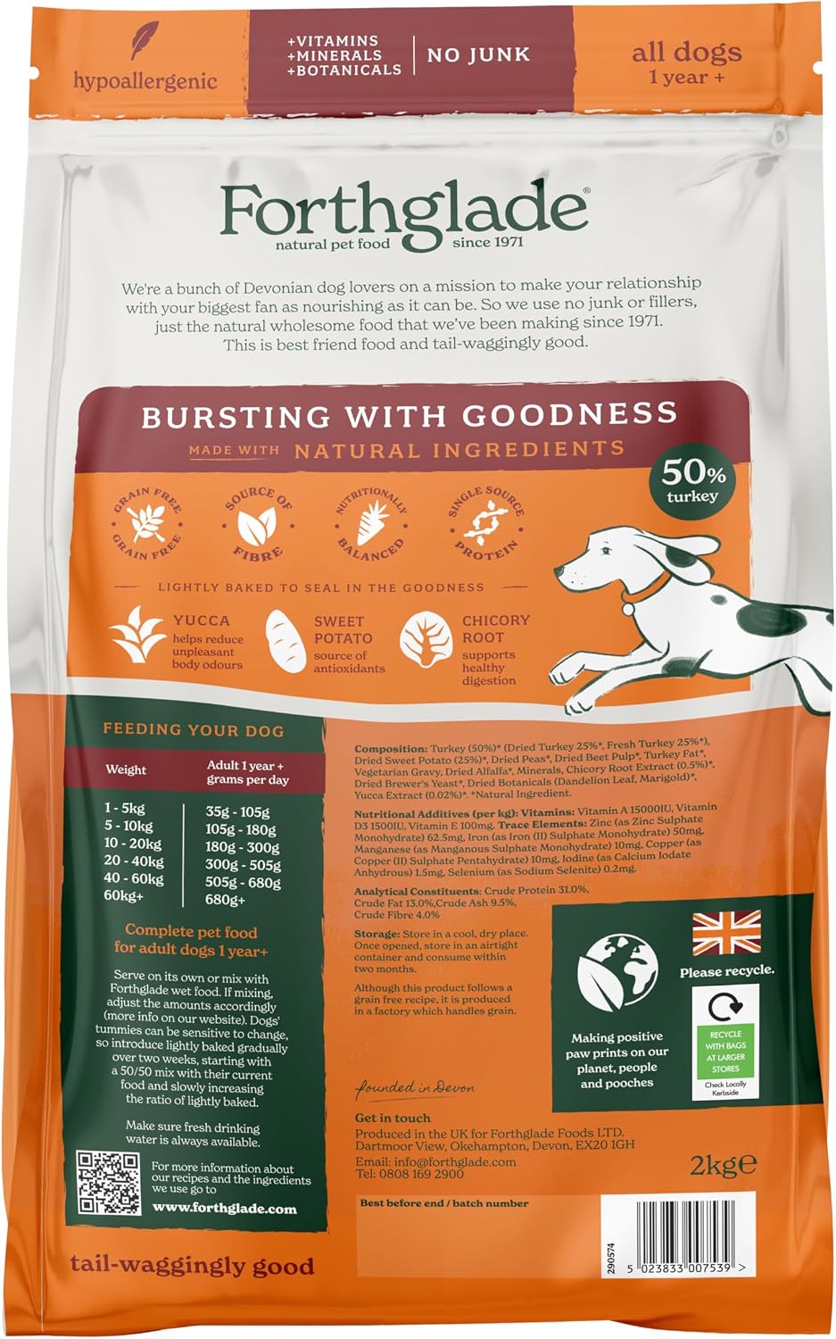 Forthglade Dry Dog Food, Lightly Baked, (2kg), Hypoallergenic and Grain Free Dog Food, Adult 1 Year +, Turkey With Sweet Potato, Completed and Balanced Meal, 50% Single Source Protein