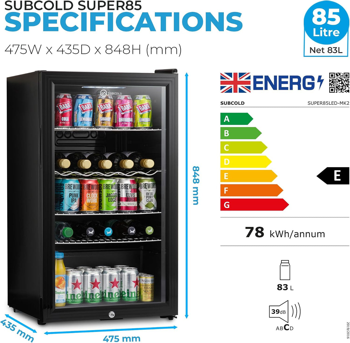 Subcold Super85 LED Beer Fridge | 80 Cans + 5 Bottles | 0-18°C | Glass Door