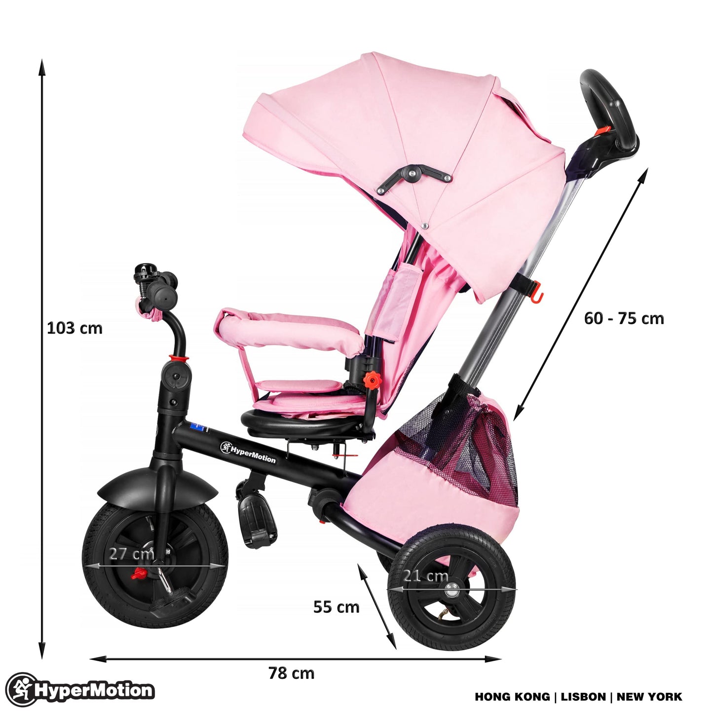 HyperMotion Toddler Tricycle with Parent Handle, Canopy, Safety Belt & Basket — From 12 Months