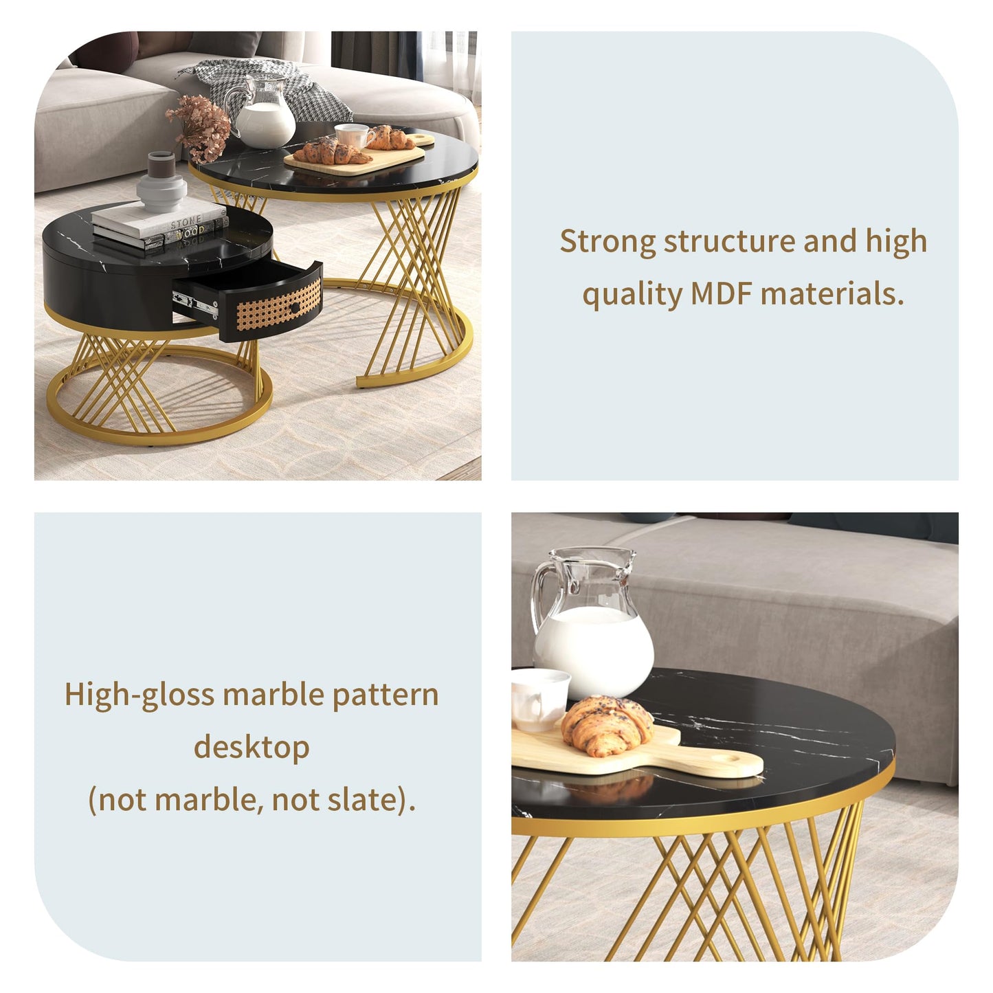 ModernLuxe 2-in-1 Coffee Table, Multi-functional Side Table with Marble Grain Veneer Top, Rattan Drawers, Solid Wood Handles, Gold Coloured Iron Legs, Round Nest of Tables for Living Room, Black