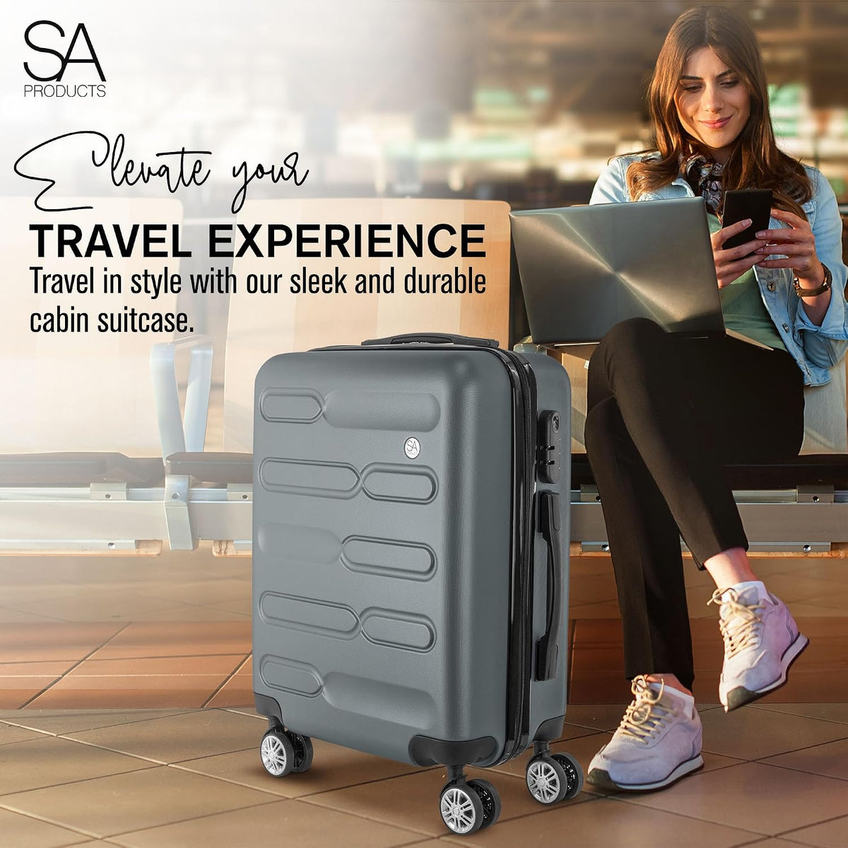 SA Products Cabin Suitcase - 34L Carry On Hard Shell Bag - 55x40x20 - Grey