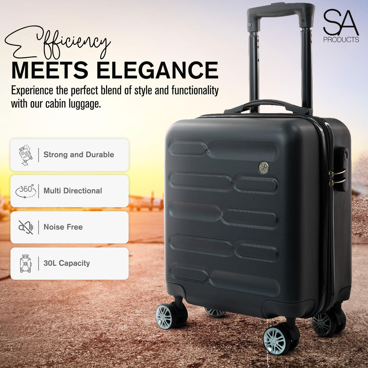 SA Products Cabin Suitcase - 34L Carry On Hard Shell Bag - 55x40x20 - Grey