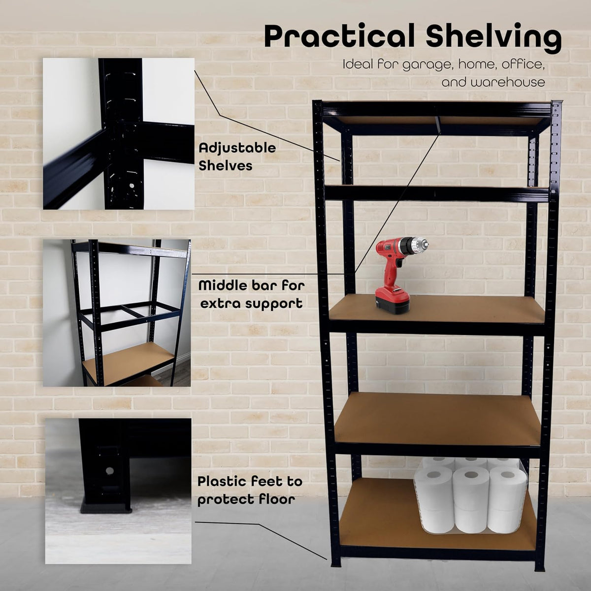 DIVCHI 5 Tier Storage Rack Heavy Duty Shelving Aluminium Garage Shelves Shed Storage Racking Shelf For Warehouse Workshop & Office (Black, Pack of 1) Up to Maximum 175 kg Per Shelf