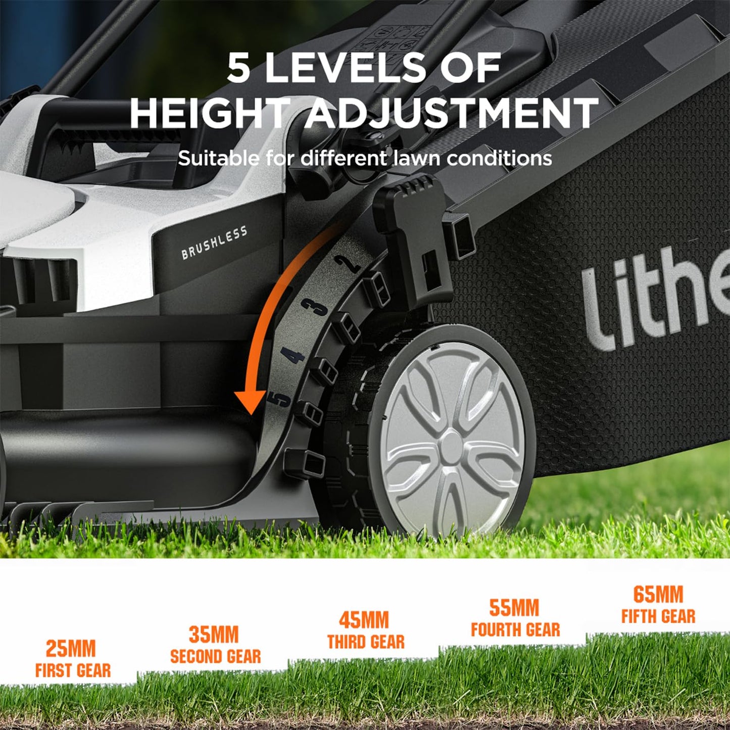 Litheli Cordless Lawnmower, 20V/33cm Cutting Width, Brushless Motor, Battery Lawn Mower, 5 Cutting Heights, 30L Grass Box, Incl. 4.0Ah Battery