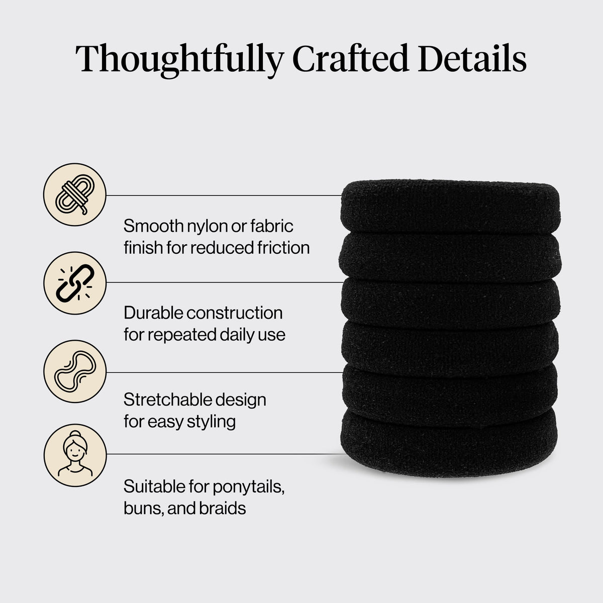 Kitsch Soft Nylon Hair Ties No Damage 6pcs - Black
