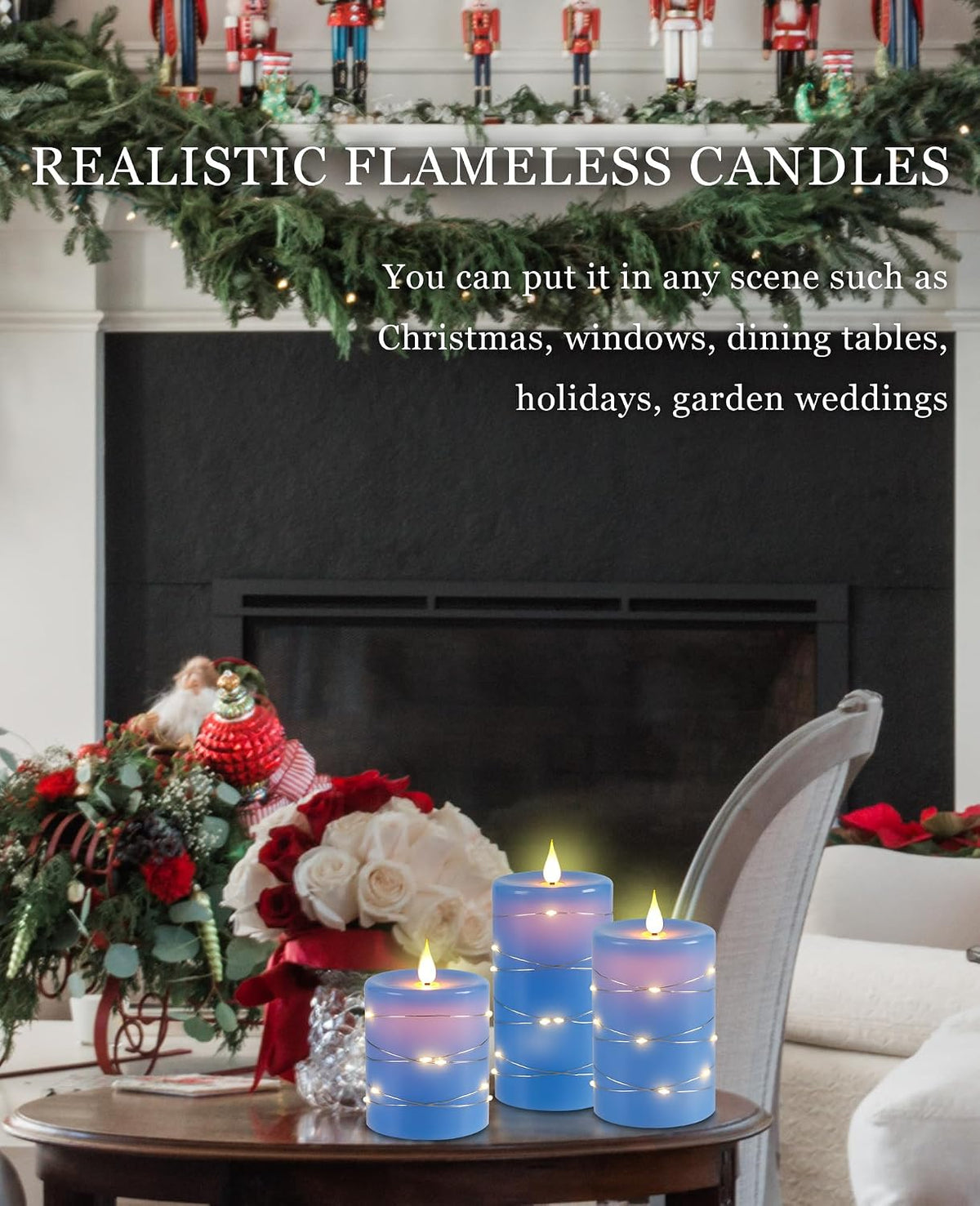 Da by 3 Pack Ivory Flameless LED Candles with Fairy Lights, Realistic Moving Flame Paraffin Wax Candles, Remote Control, Soft Warm Light, 8cm D x 12.5/14.5/16.5cm H, Indoor Wedding Home Decor