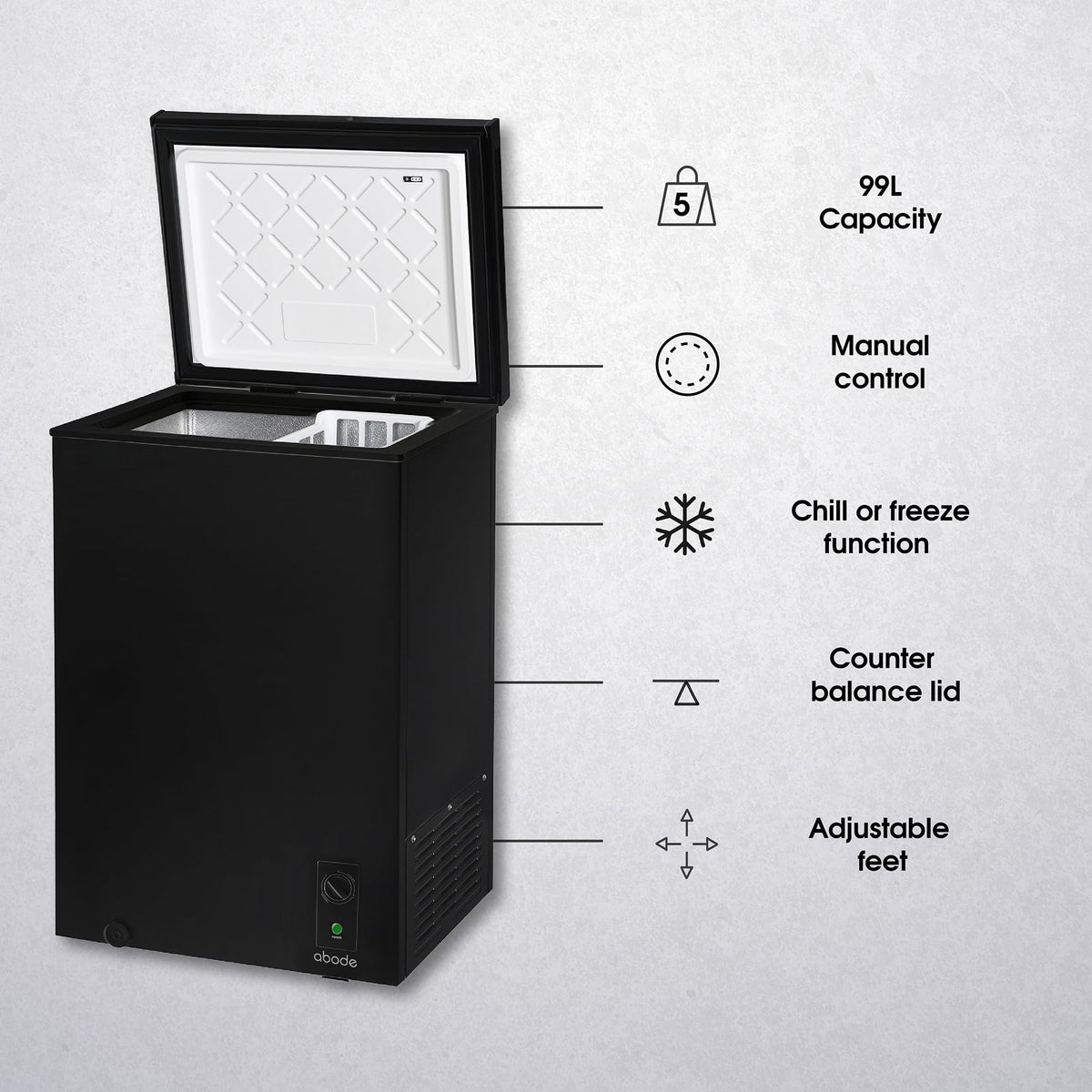 Abode Freestanding White Chest Freezer 99L with Removable Wire Basket & Counter Balance Lid, Adjustable Thermostat, 4 Star Freezer, Suitable for Garages & Outbuildings A99CF0E1W