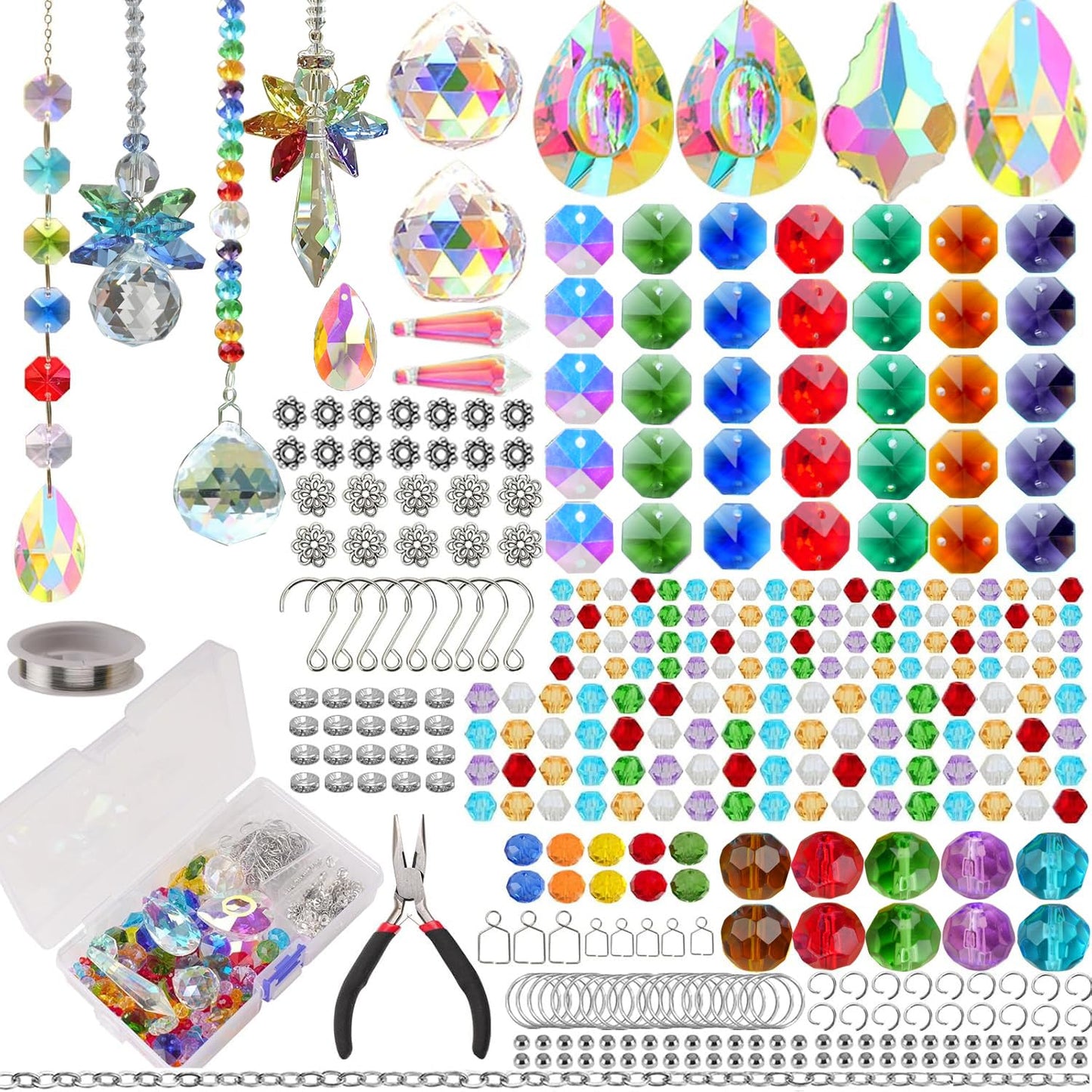 240PCS DIY Sun Catchers Making Kits for Adults, Crystal Suncatchers Kit with Colourful Prism Pearl Rainbow Maker for Windows, Hanging, Indoor, Outdoor, Garden Decor (Silver)
