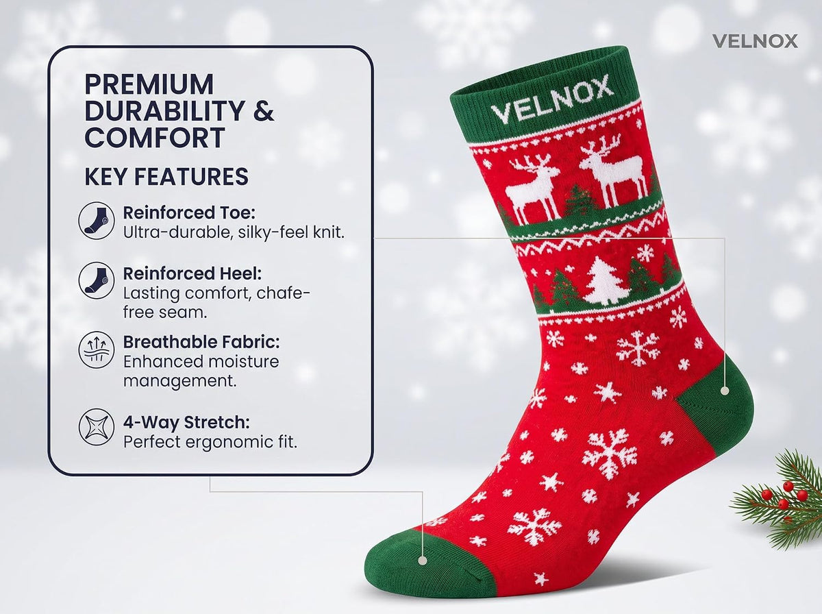 Christmas Socks for Men & Women, 6 Pairs, Festive Reindeer Cotton Crew
