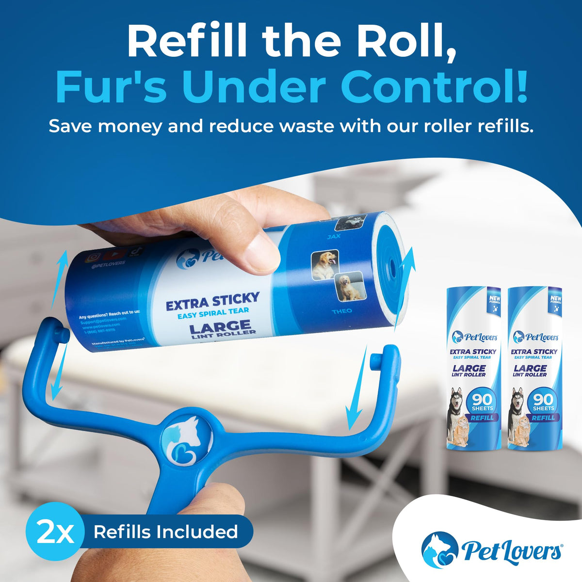 PetLovers Extra Sticky Lint Roller Mega Value Set 450 Sheets for Pet Hair Removal Dog and Cat Lint Remover 5 Pack