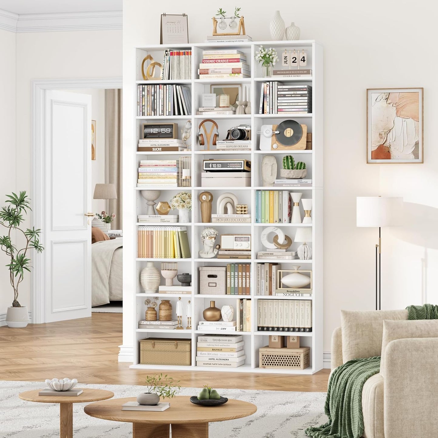 FirFurd Tall Bookcase CD DVD Storage Unit Tower Wooden Display Rack with Adjustble Shelves 27 Storage Compartments White Bookshelf 102.5x23.5x190cm