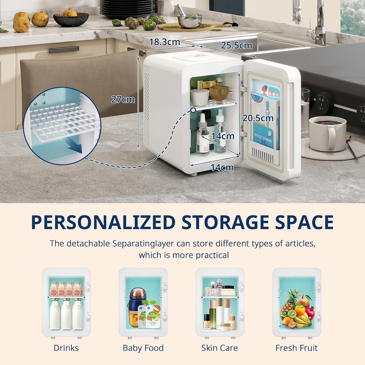 ARTETHYS Mini Fridge for Bedrooms, 4L Car Skincare Fridge with LED Mirror