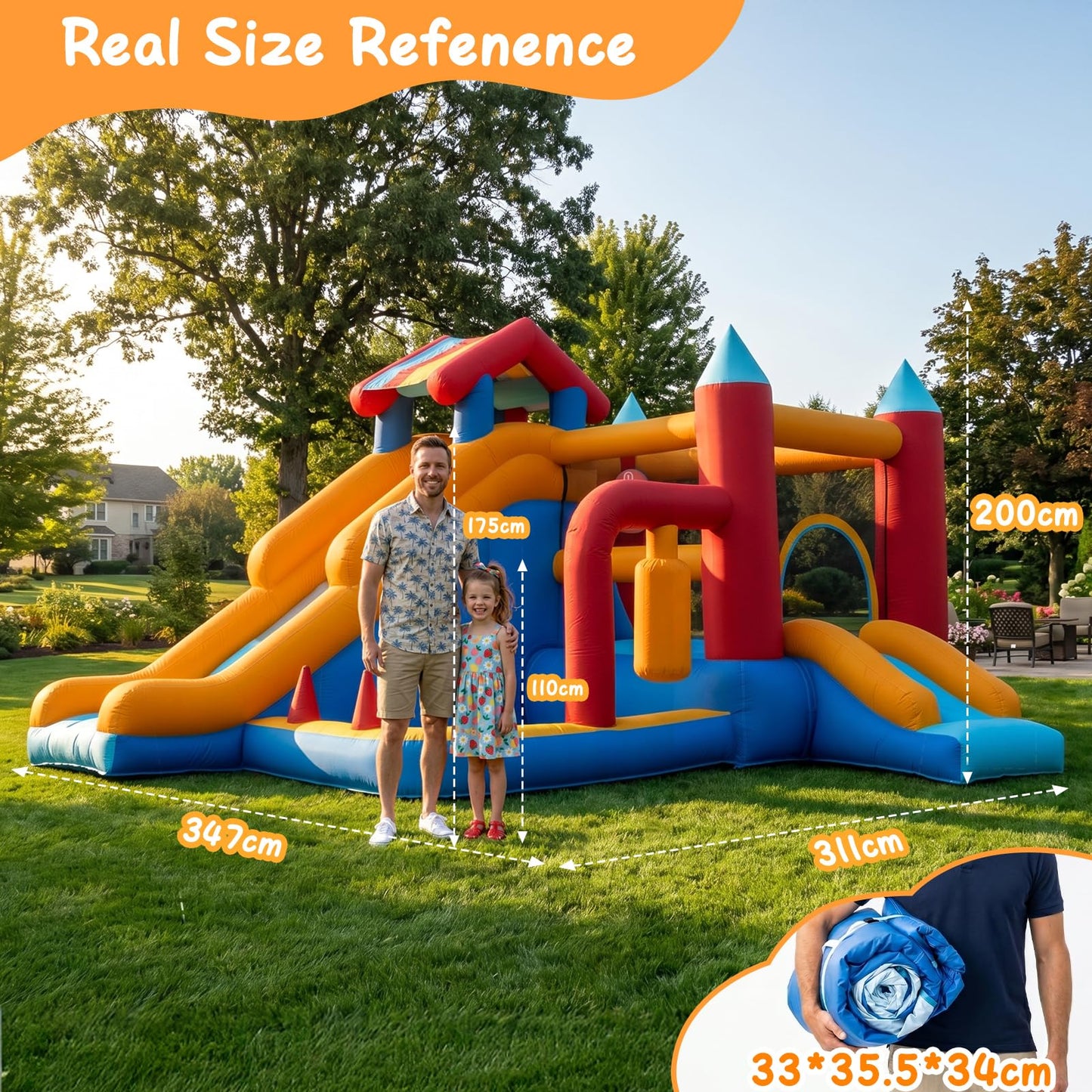 Bouncy Castle with Slide for Children: Inflatable Bounce House 9 in 1 - Kids Trampoline with Basketball Hoop & Climbing Wall, Indoor Outdoor Play Centre with Air Blower for Birthday Party Garden