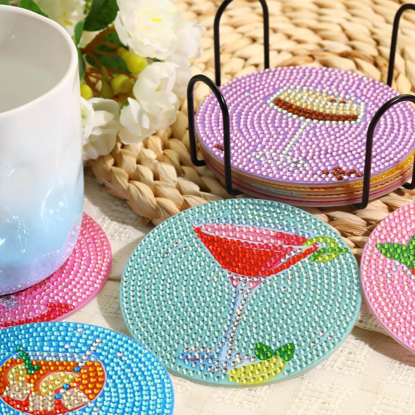 8Pcs Diamond Painting Coasters with Holder,DIY Cocktail Life Coaster Diamond Art Kits for Adults Kids,Beginners Round Full Drill Diamonds Art Craft Supplies