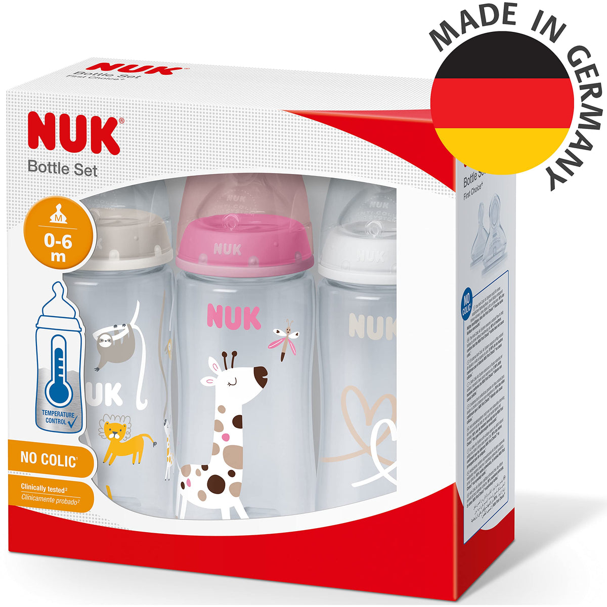 NUK First Choice+ Baby Bottles Set | 0-6 Months | Temperature Control | Anti Colic Vent | 300 ml | BPA-Free | Silicone Teat | 3 Count | Safari
