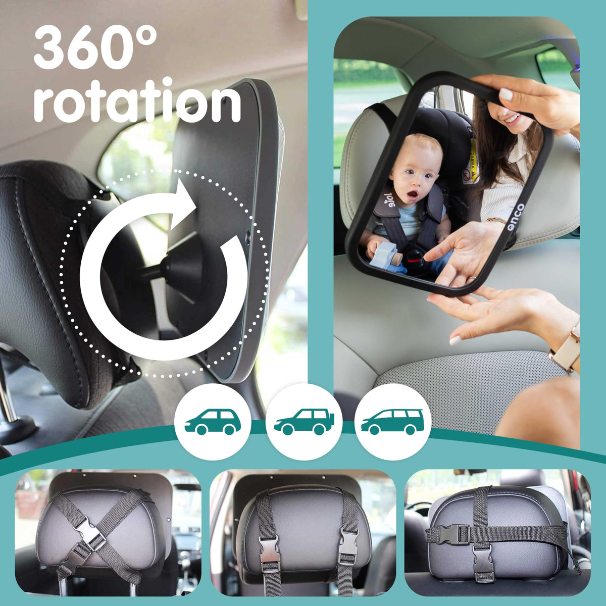 Onco Baby Car Mirror - Award-Winning, Shatterproof & Shakeproof [Black]