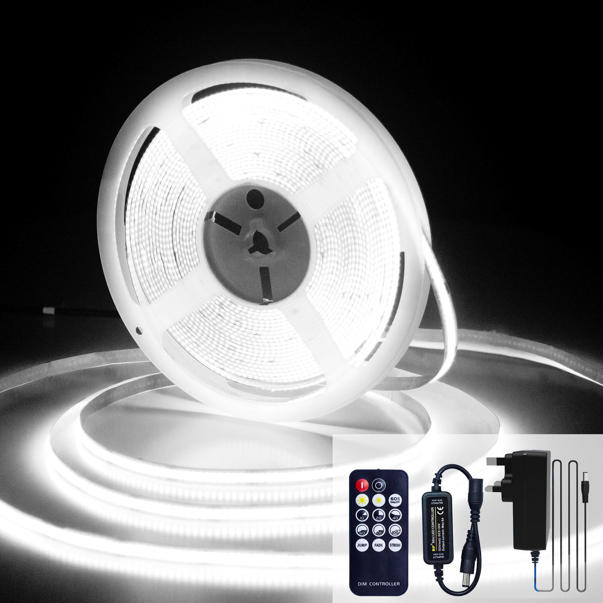 COB LED Strip 7.5m Warm White, 3000K, 24V, Remote Control, 8mm Wide