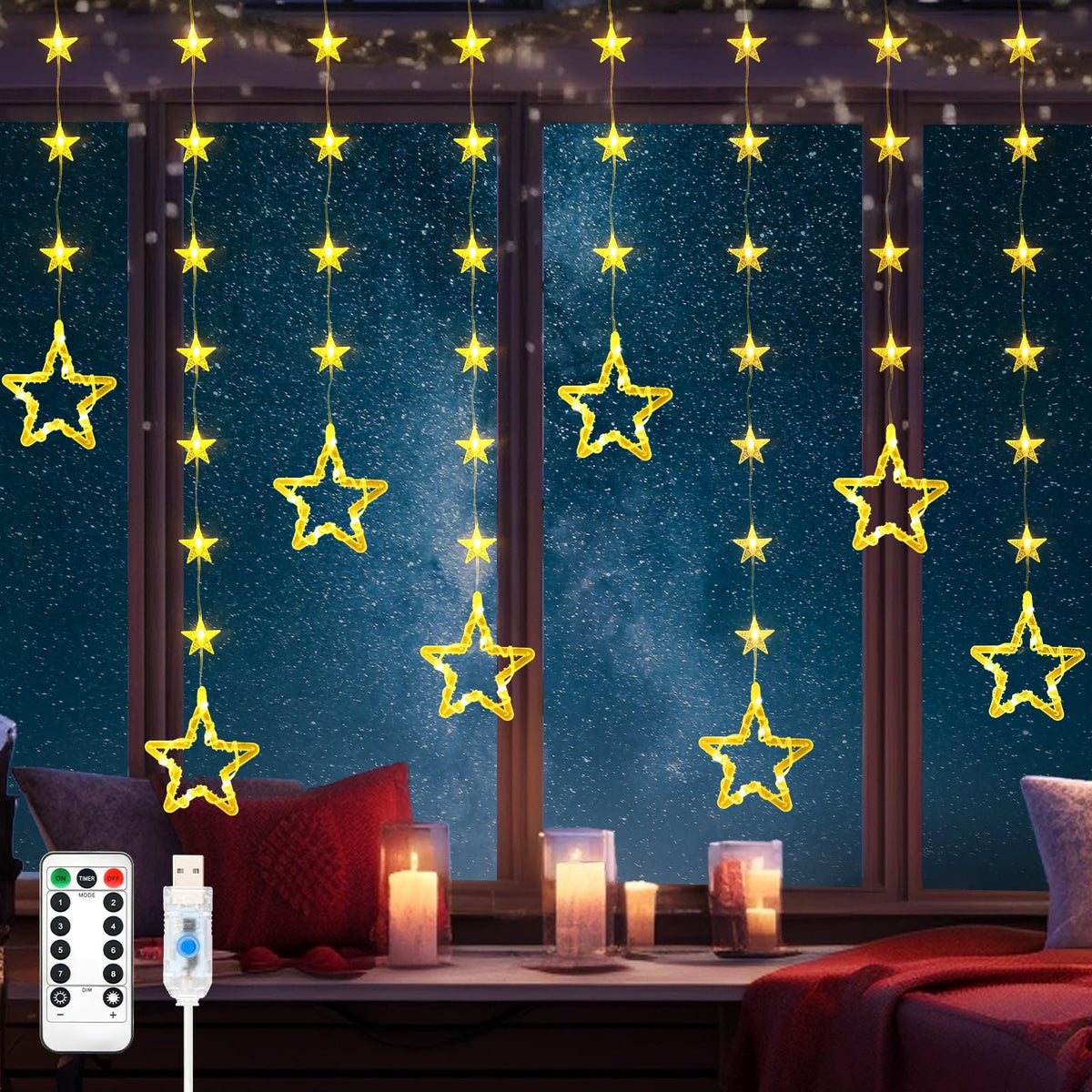 Christmas Star Window Lights, 2M 48 Stars 80 LED Curtain Fairy Lights with Remote, Timer, 8 Modes, Dimmable, USB Powered String Lights for Window, Bedroom, Party, Christmas Decorations