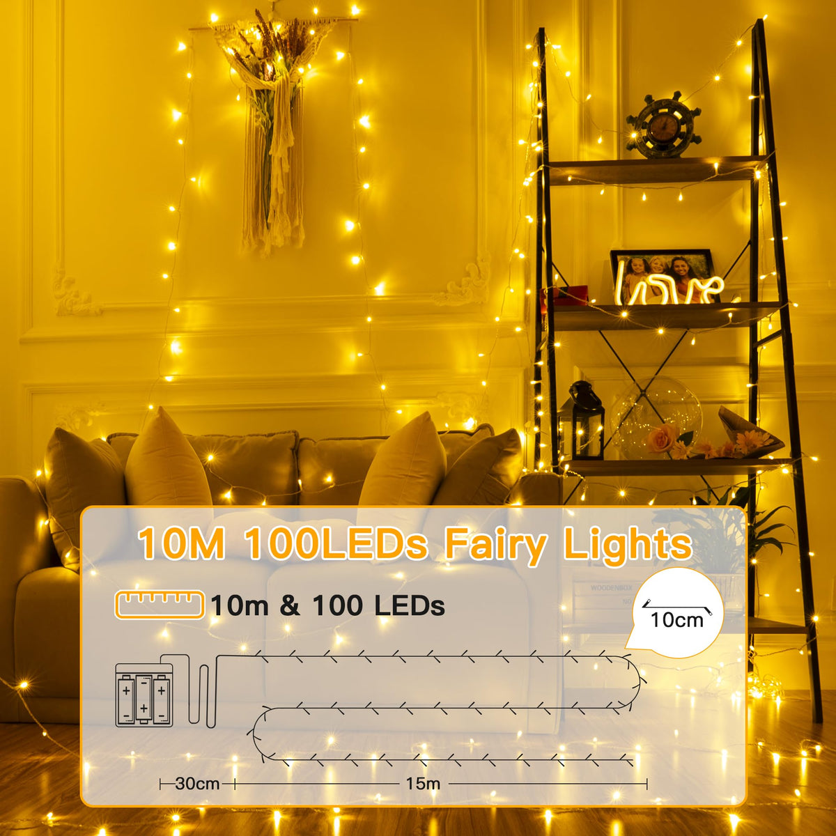 Ollny Fairy Lights Battery Operated, 10m 100 LEDs Bright Battery Powered String Lights, Cool White Outside Christmas Lights Waterproof with 8 Modes/Timer for Indoor Outdoor Bedroom Garden Decorations