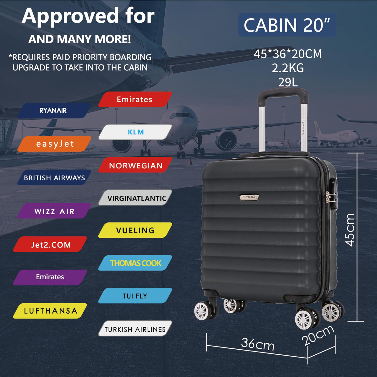 FLYMAX 55x40x20 Ryanair Cabin Bag Hand Luggage Lightweight Suitcase Approved Carry on Luggage Case 2.5KG 40L Royal