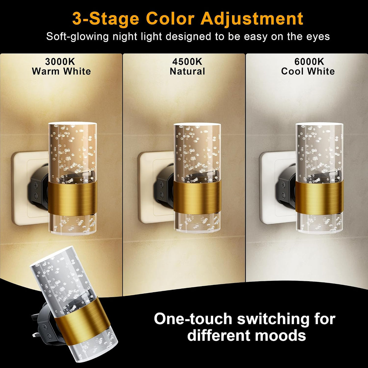 Night Light Plug in Wall with Dusk to Dawn Sensor Modern 2 Pack Gold
