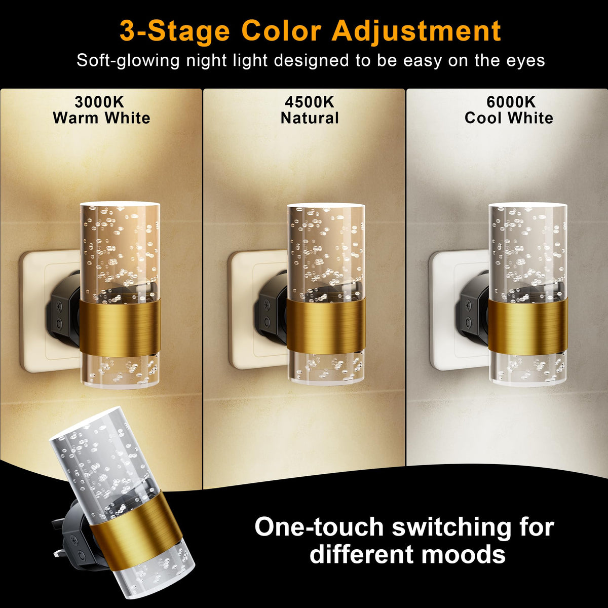 Night Light Plug in Wall with Dusk to Dawn Sensor Modern 2 Pack Gold