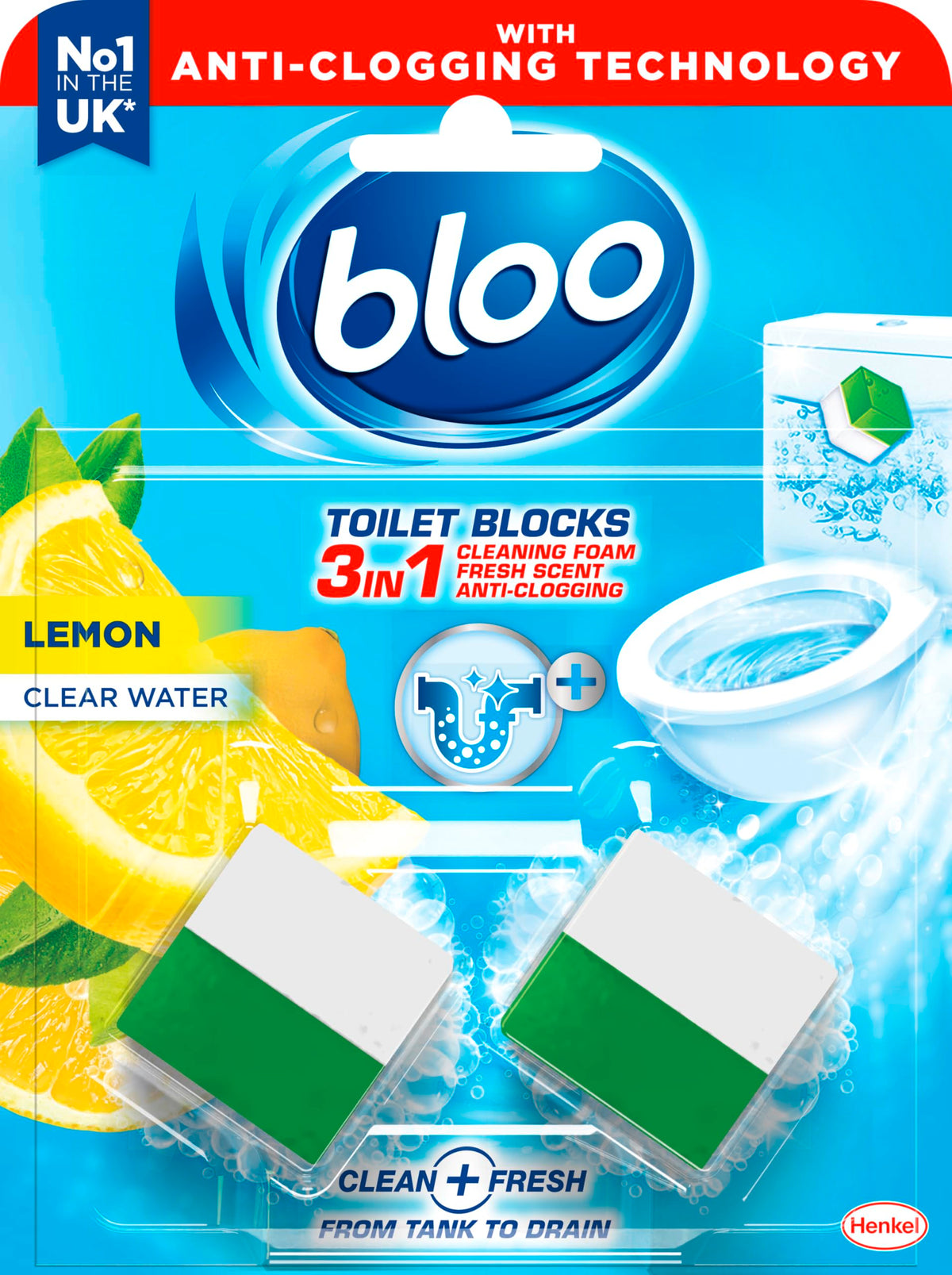 Bloo New 3in1 Toilet Blocks, Pack of 2, Toilet Limescale Remover Cistern Block, Toilet Cleaner Block with Cleaning and Foaming Action, Toilet Fresheners - Limescale Prevention