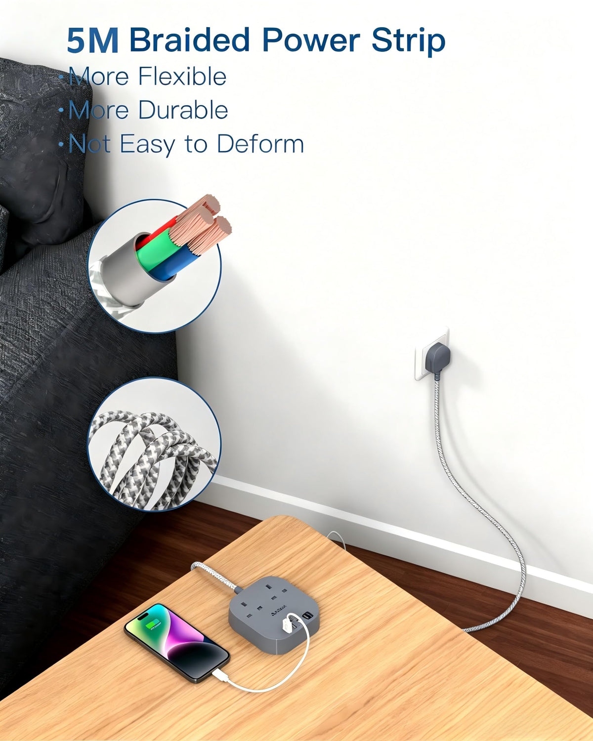 Addtam 3M Extension Lead with USB Slots, Power Strips with 2AC Outlets 4USB