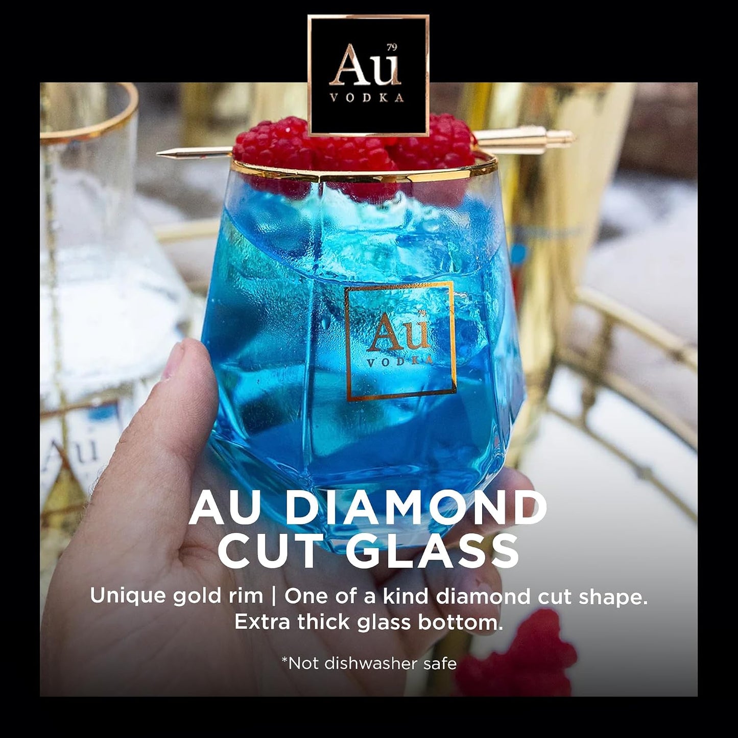 Au Vodka Gift Set - Blue Raspberry Flavoured Vodka 5cl Miniature & Diamond Cut Gold Glass - Official Licensed - Fathers Day, Birthday Gifts for Men and Women - Handcrafted In The UK, Alcohol Gift Set