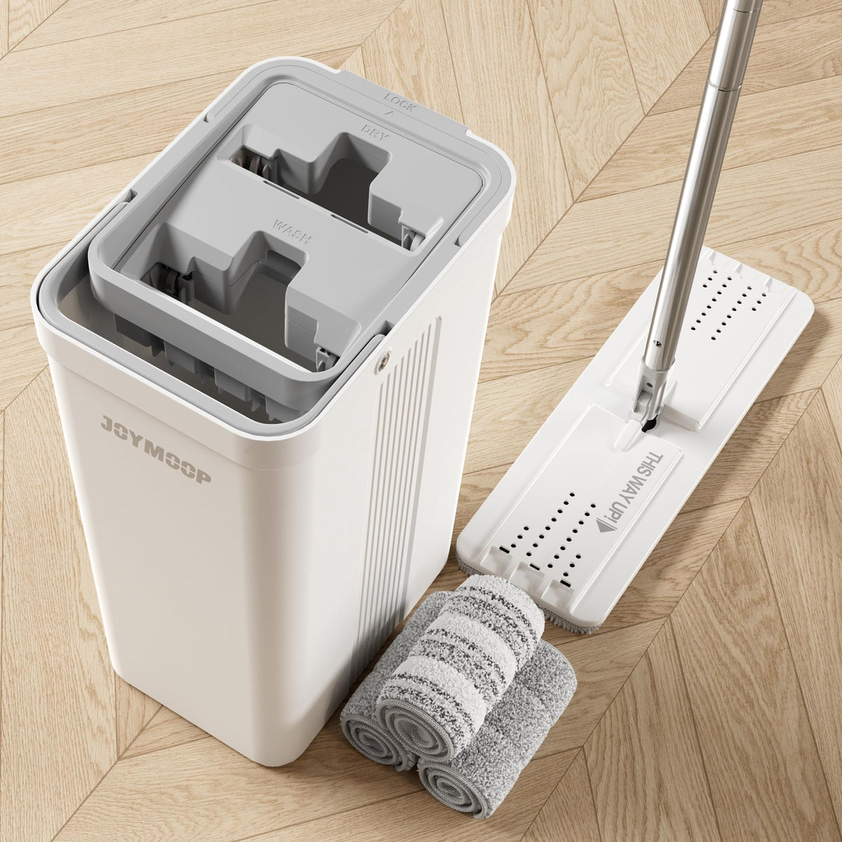 JOYMOOP Mop and Bucket with Wringer Set, Hands Free Flat Floor Mop and Bucket, with 3 Washable Microfiber Pads, Wet and Dry Use, Floor Cleaning System