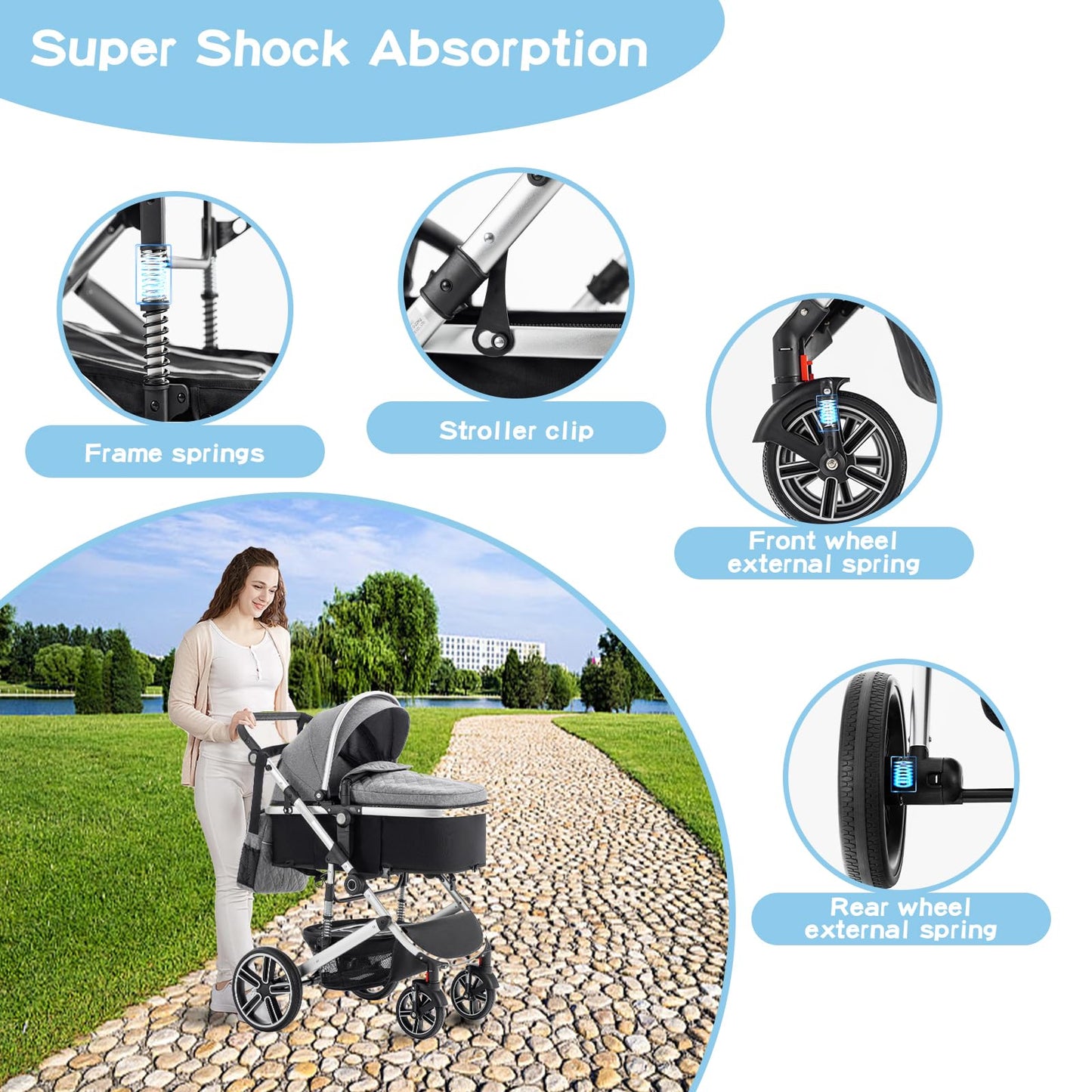 Baby Stroller 3 in 1,Travel Pushchair's Lie-Flat Pram is Foldable, Stroller System Handle is Adjustable, The Wheels are Made of PU Material, Suitable for 0-3 Years-Khaki